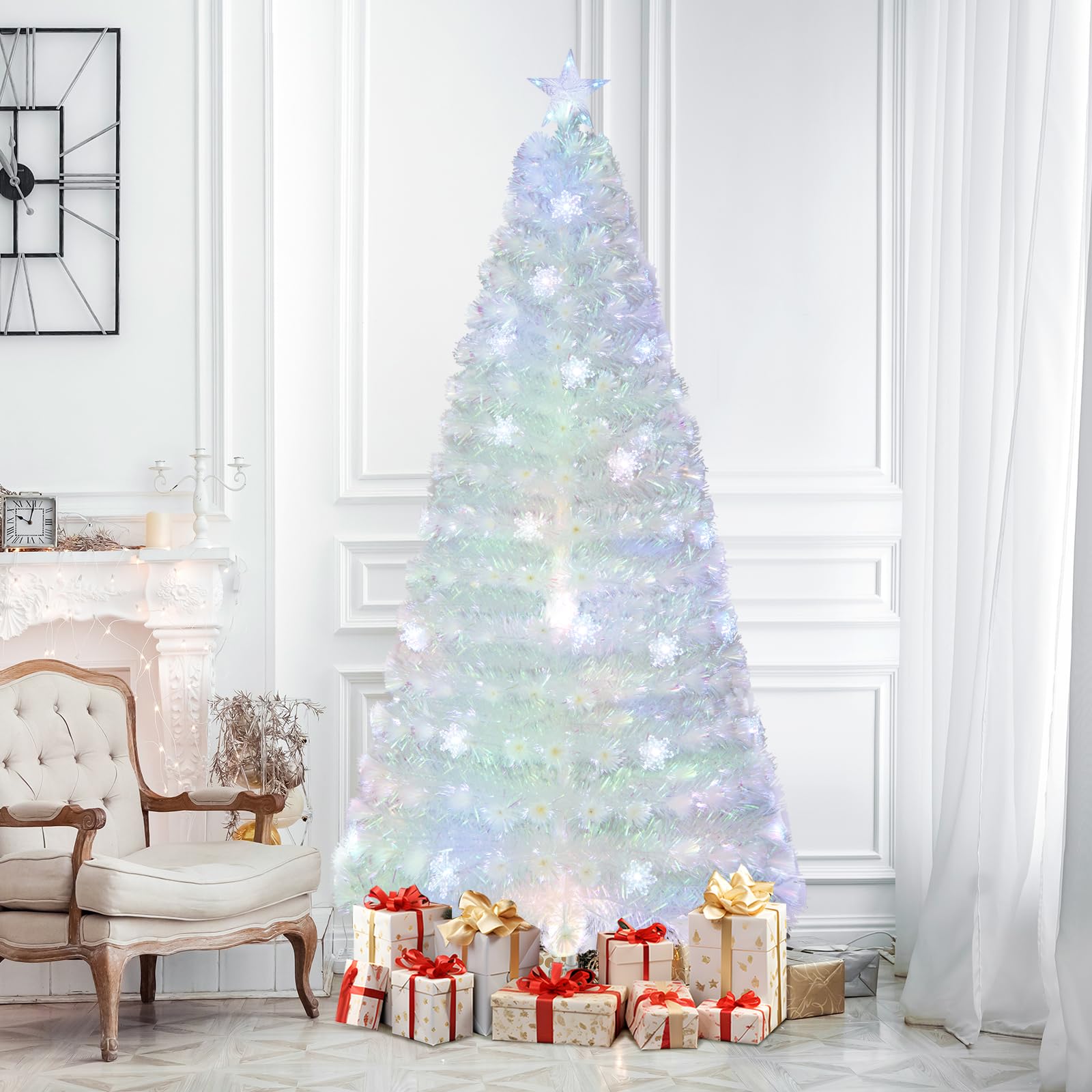 COSTWAY Albero di Natale Pre-illuminato in Fibra Ottica 120/150/180/210 cm, Albero di Natale Bianco con Foglie Iridescenti, Luci a LED a Fiocco di Neve Multicolore, Luce Superiore a Stella (210 CM)
