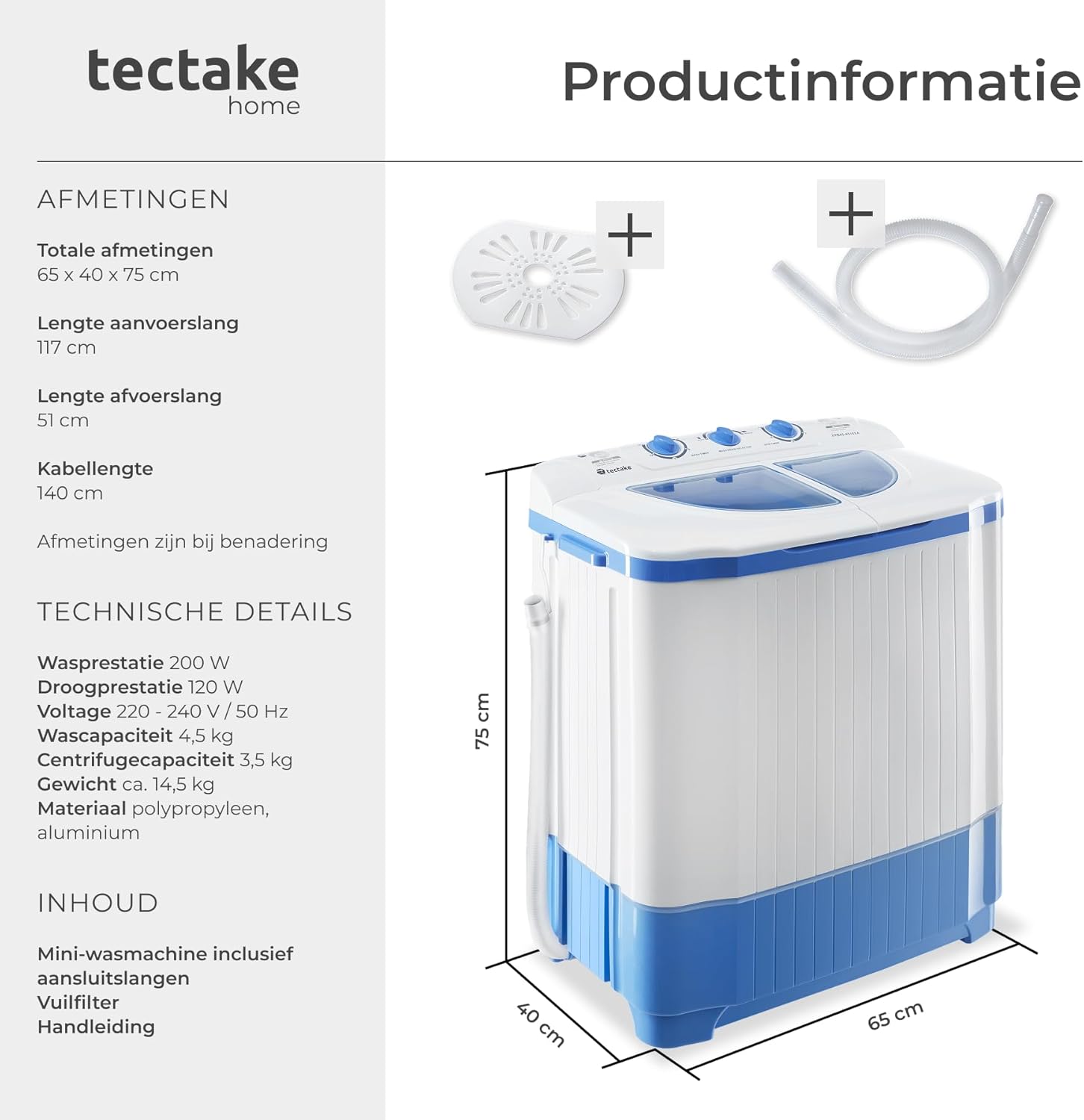 Diagram showing the dimensions and technical specifications of the tectake washing machine, including overall size, hose lengths, cable length, wash/spin power, capacities, and materials.