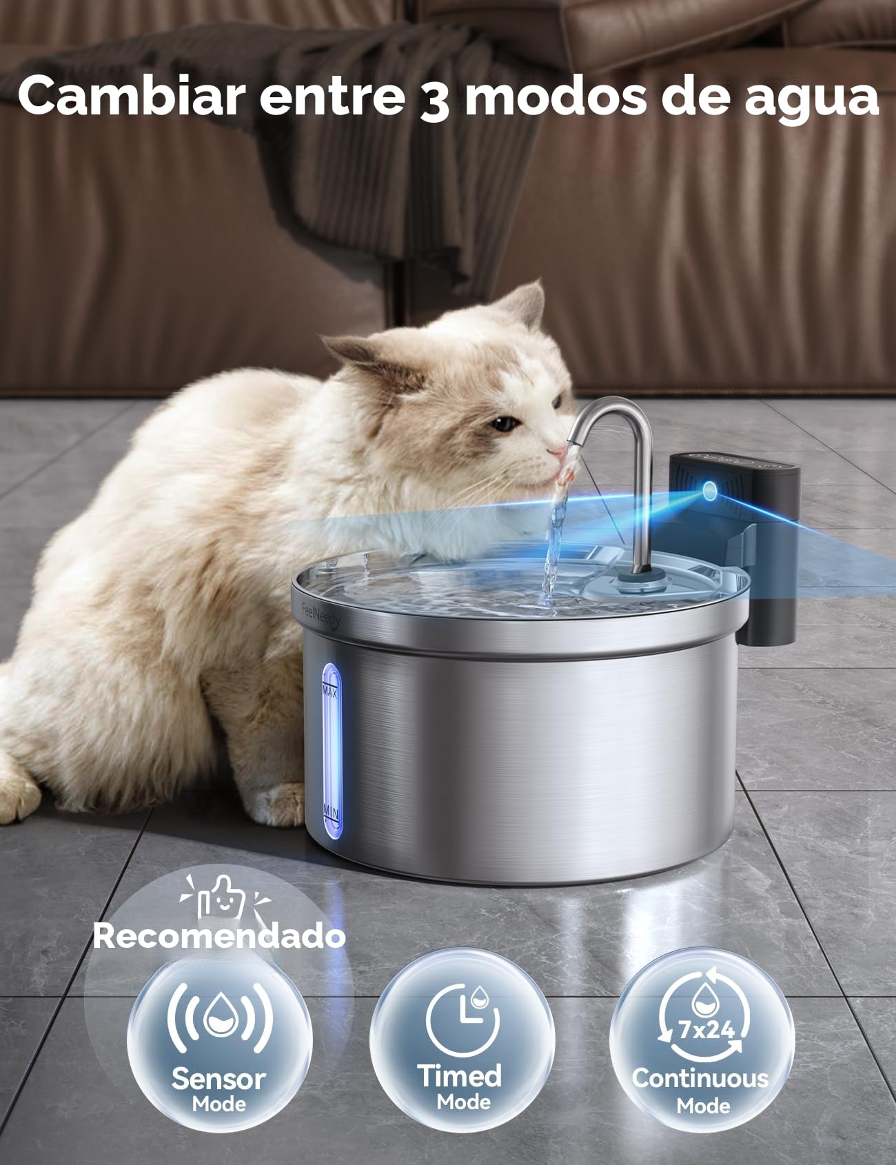 Fuente para Gatos Sin Cable con Sensor [Separación de Agua y Batería] FEELNEEDY Dispensador Automático de Agua en Acero INOX para Mascotas Inalámbrica con Batería 4000mAh, 3.5L, 6 Filtros, INOX