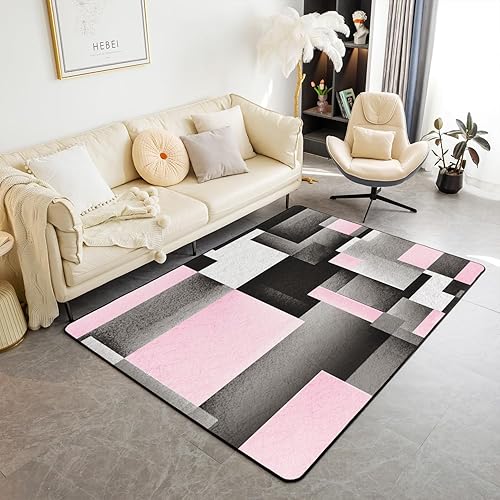 jejeloiu Alfombra geométrica para sala de estar, 3 x 5 pies, color rosa, gris, negro, búfalo, alfombra decorativa para interiores y moderna,