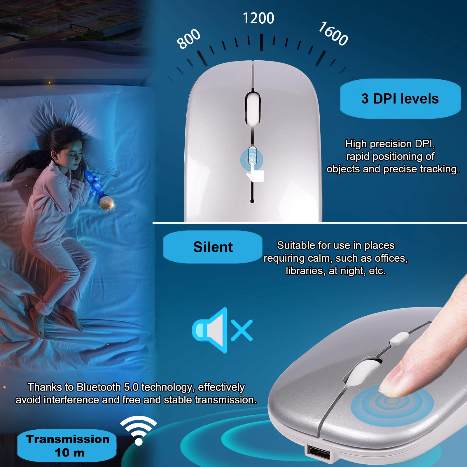Set tastiera e mouse wireless da 2,4 GHz, Bluetooth e Type-C, 3 modalità e 5 canali, ricaricabile, portatile, compatto, silenzioso, sottile, tastiera e mouse combinato, 1600 DPI, QWERTY US, argento