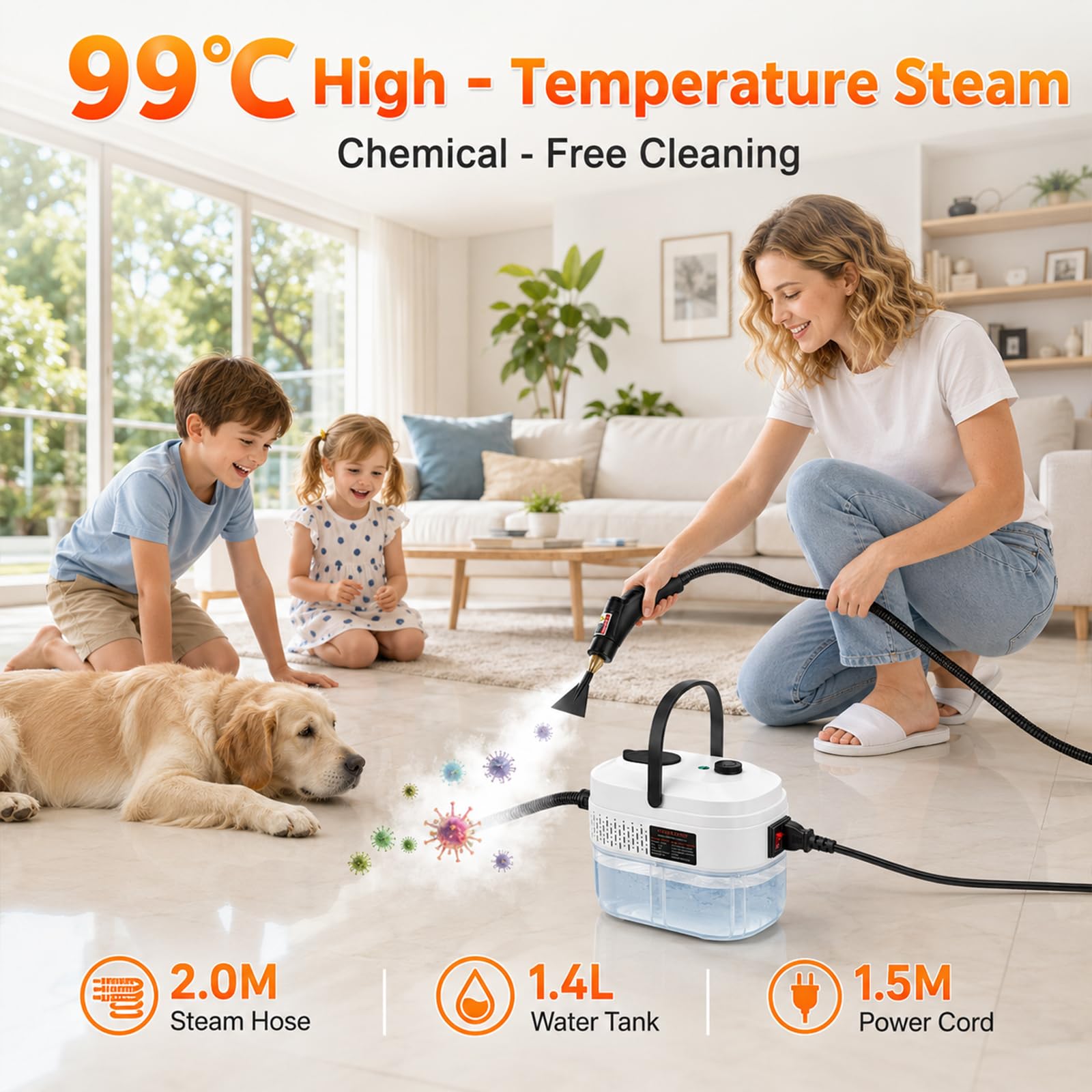 Nettoyeur Vapeur Portable, 2500W Nettoyeur à Vapeur Manuel ,Chauffe Rapide en 15s, 3 Niveaux de Réglage, 1,4L Steam Cleaner, Nettoyeur Vapeur Haute Pression Pour Maison, Cuisine, Salle de Bain, Auto