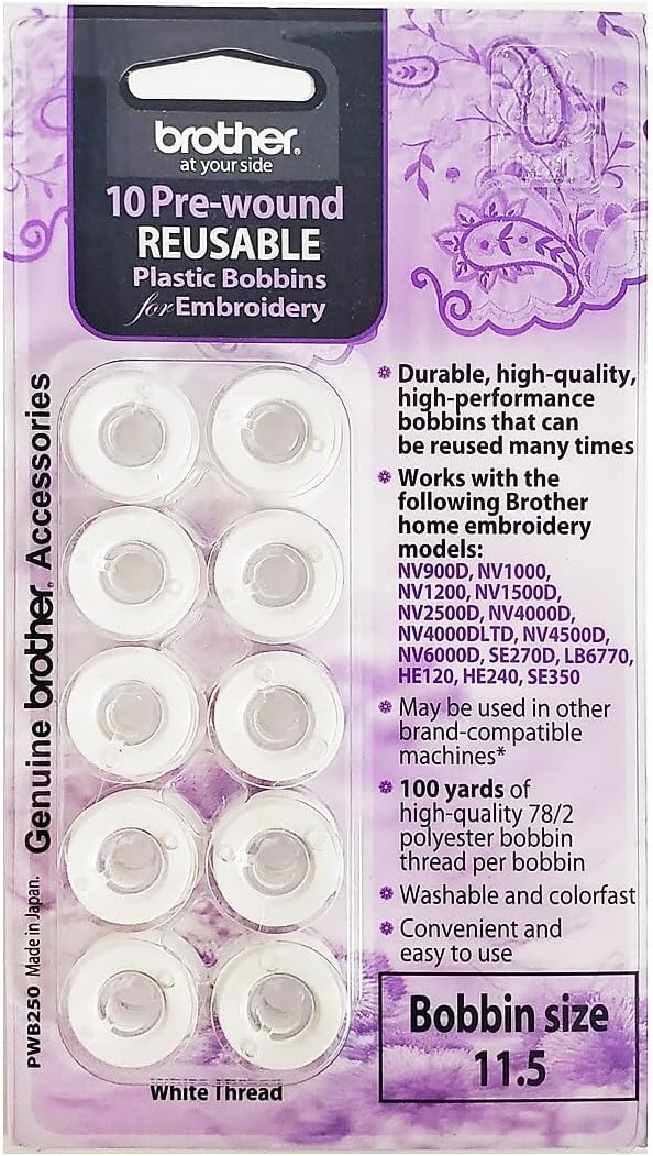 Brother PWB250 Prewound Embroidery Bobbin Thread 10 Piece, White, 60 Weight, Bobbin Size 11.5, for Machine Embroidery