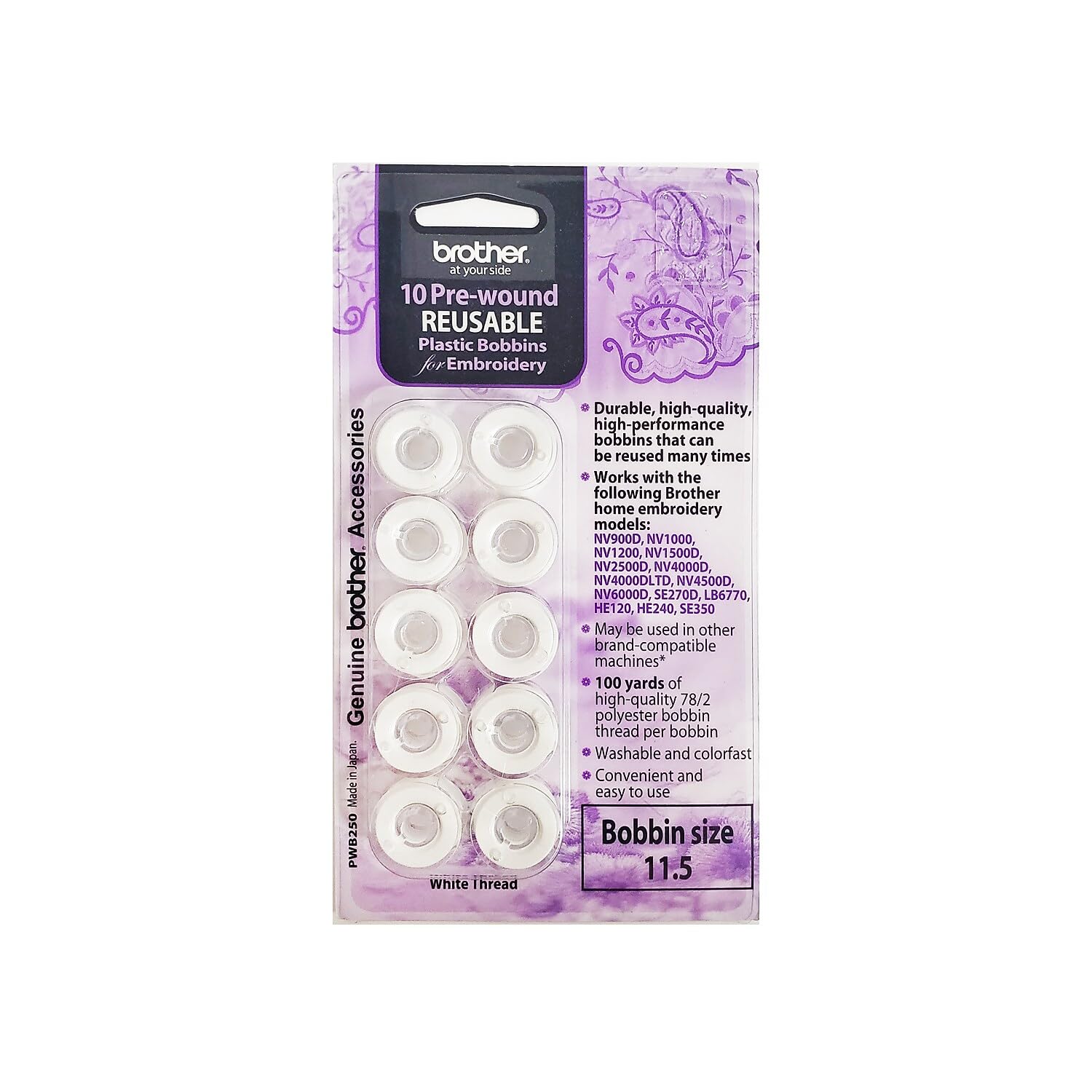 Brother PWB250 Prewound Embroidery Bobbin Thread 10 Piece, White