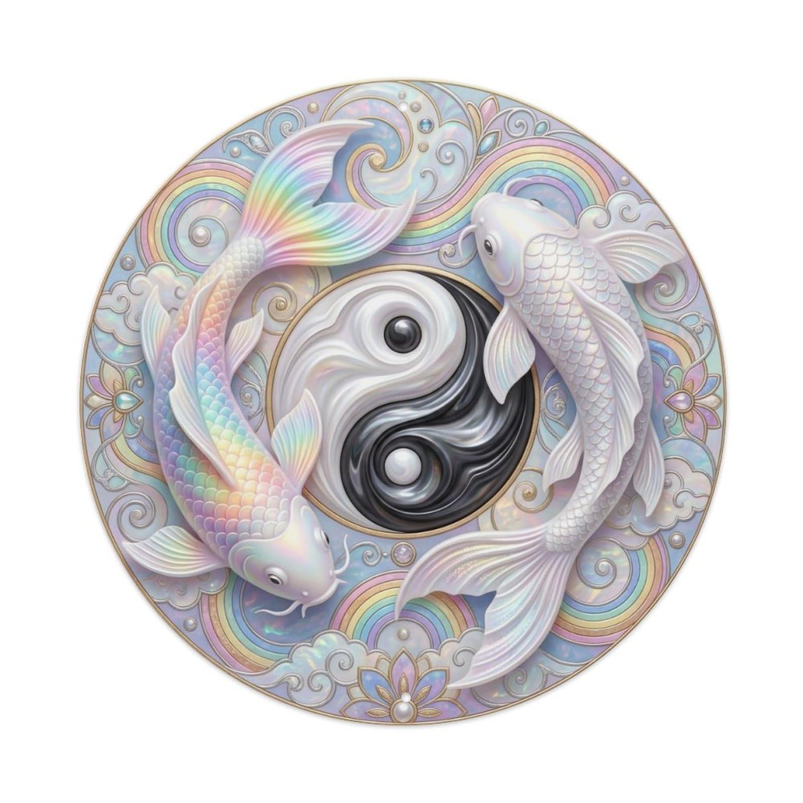 Tai Chi Koi Fish Opal White Rainbow Gem Metal Tin Sign