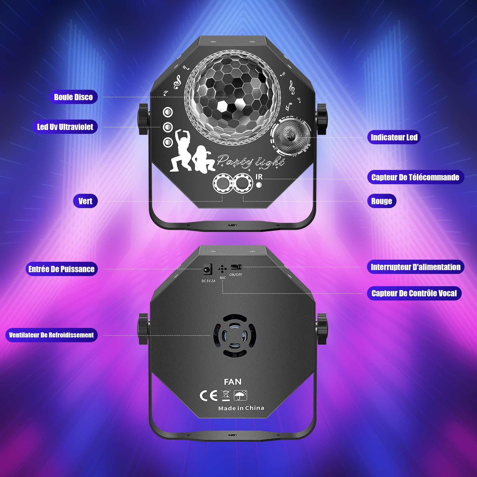 4 en 1 Jeux de Lumiere pour Soiree avec Boule Disco, LED RGB Jeu de Lumiere Soiree DJ, Commande Vocale lumiere pour Fêtes Familiales, Boîtes De Nuit, Halloween, Noël