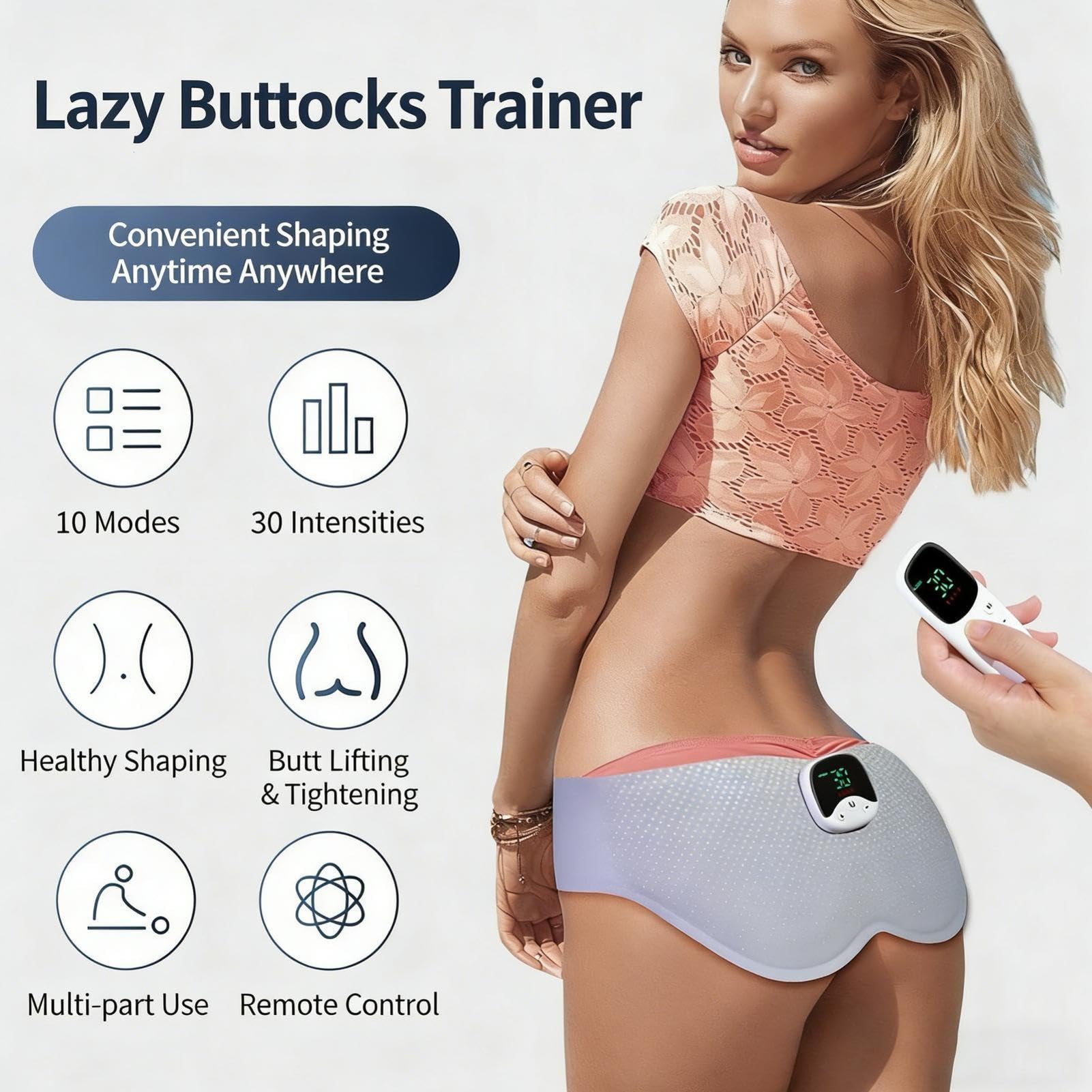 Generico Elettrostimulatore per Glutei EMS | Cintura Tonificante con 10 modalità e 30 Intensità | Trainer per Fianchi Ricaricabile per Uomo e Donna | Grigio Argento