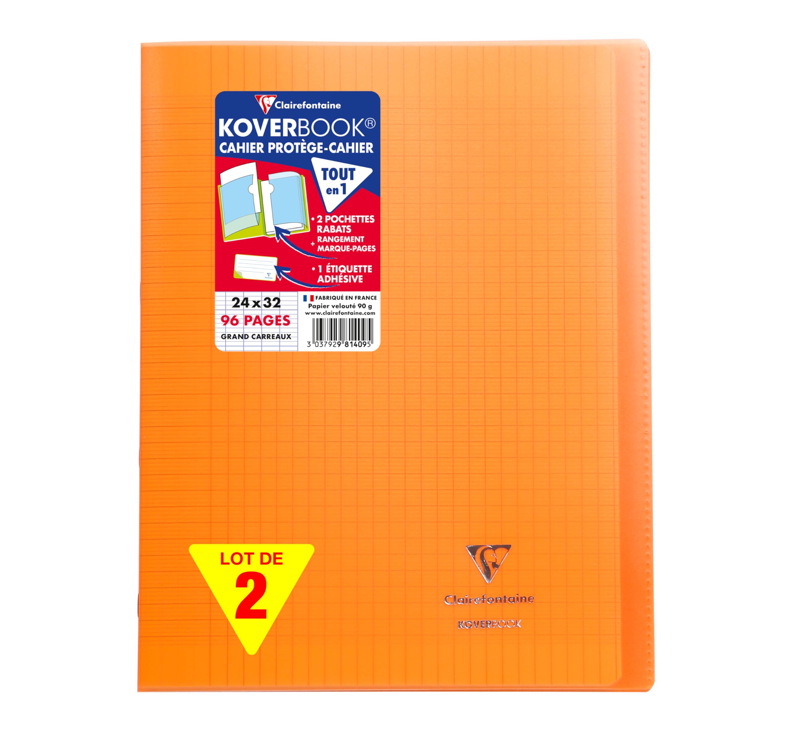 Clairefontaine 981409AMZC Un lot de 2 Cahiers Agrafés Koverbook 24x32 cm - 96 Pages Grands Carreaux - Papier Blanc 90 g - Couverture Polypro - Couleur : Orange
