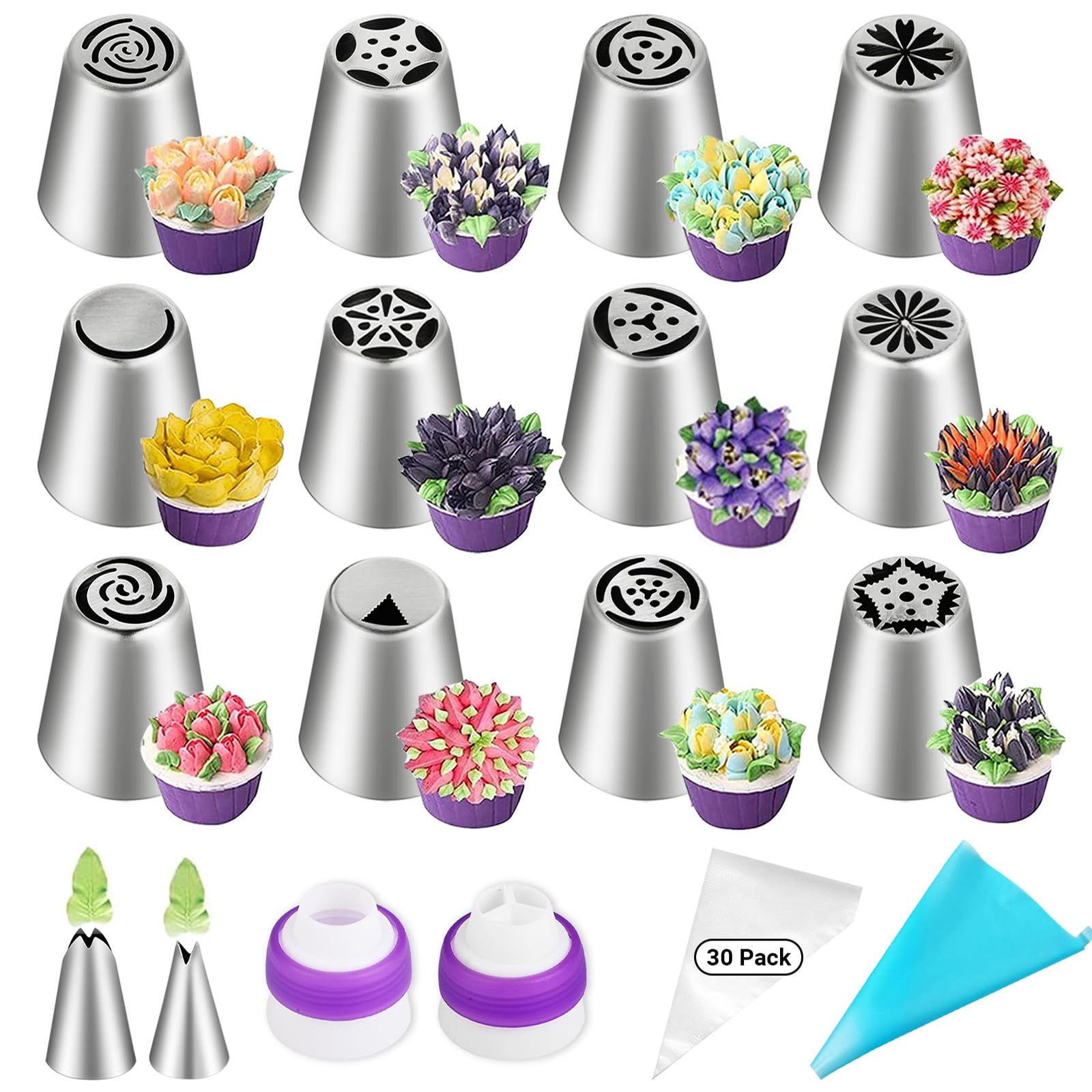 47 Decorazione Torte Russi Set - Punte Sac a Poche - Set di Punte per Tubazioni Russe - Kit per Torte - Set di Punte per Tubazioni Russe con Beccucci e Sacchetti Usa e Getta