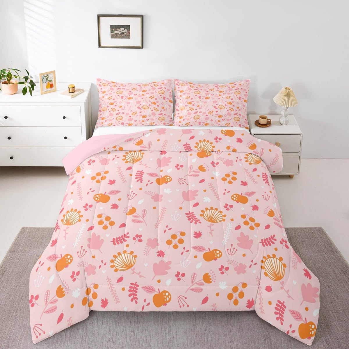 Feelyou Floral Comforter Set Toddler Size Wildflower Pink Bedding Set 2 Pieces Orange Fruit Botanical Quilt Duvet for All Season