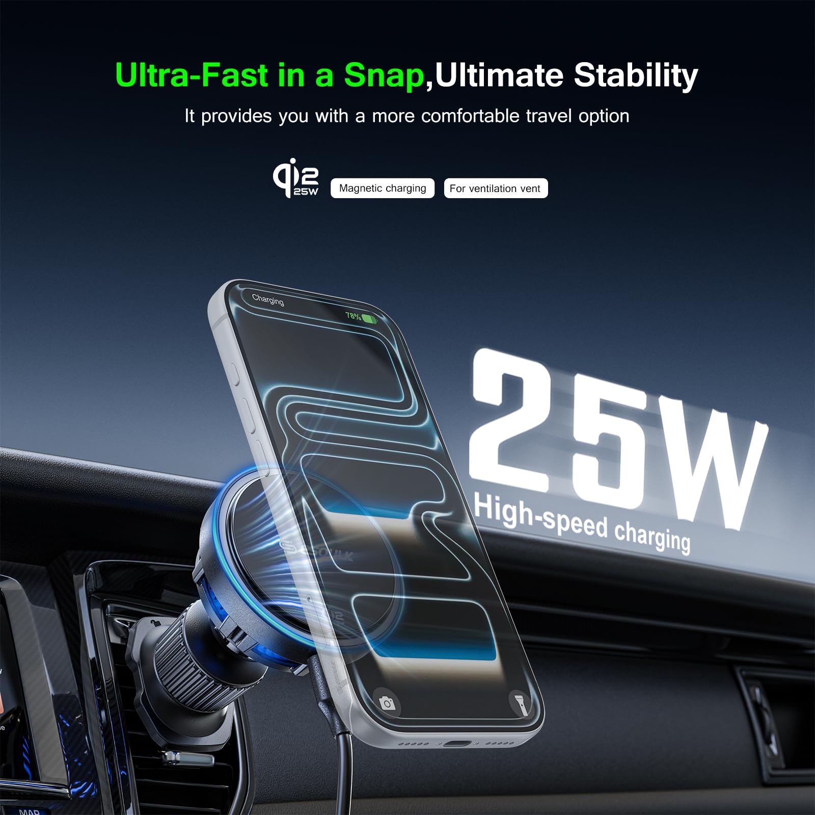 Esoulk [2026 Upgraded] Qi2 25W Fast Wireless Car Charger with Active Cooling Fan for Heat Protection, MagSafe Compatible Magnetic Air Vent Mount with Locking Clip, Phone Holder for iPhone & Android — view 3