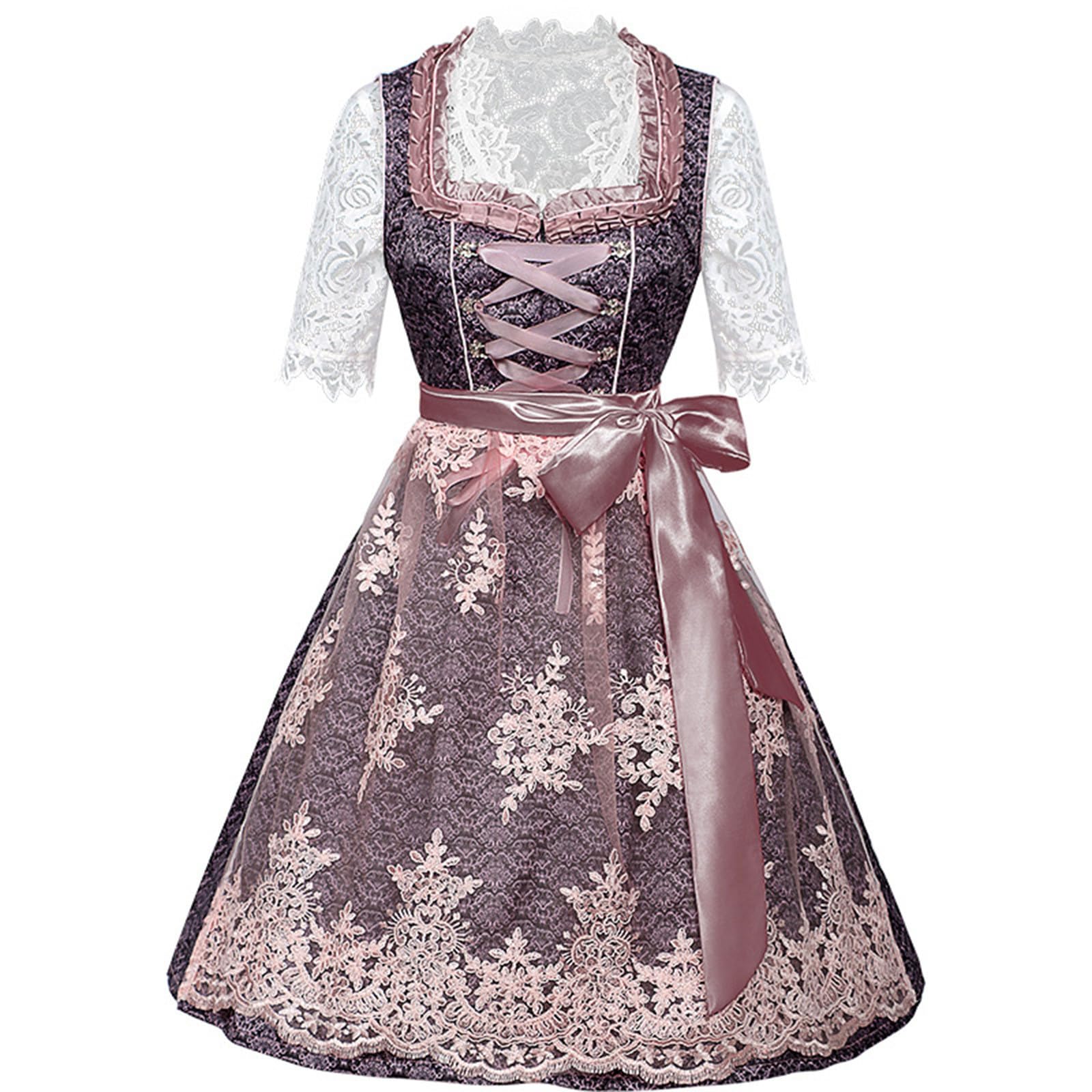 UHouse Dirndl Damen Midi Lang Spitze Dirndlkleid Elegante Trachtenkleid Trachtenmode für Oktoberfest Dirndlkomplettsets mit Spitzenschürze Trachtenrock inkl. Dirndlschürze Dirndlbluse Trachten Kleid