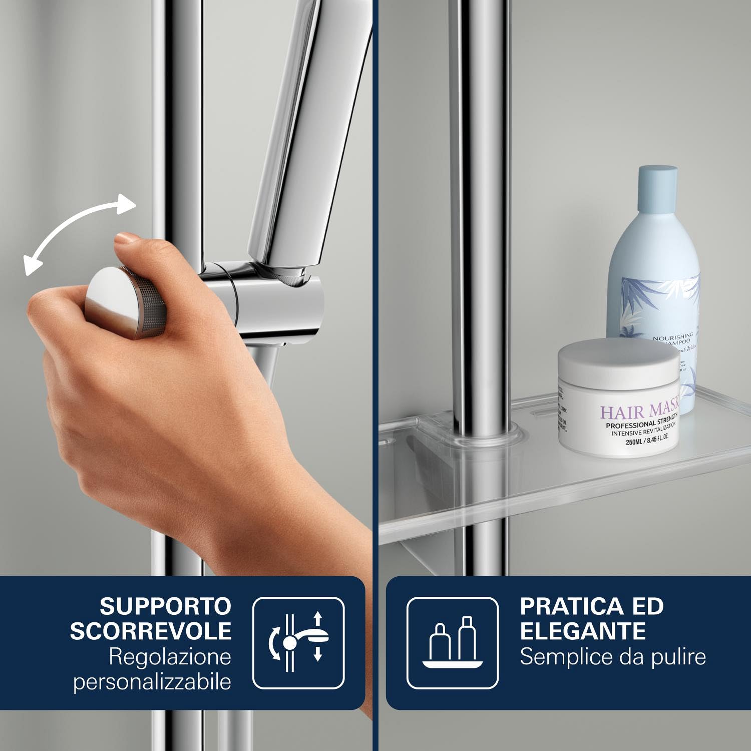 GROHE Vitalio Joy+ 120 Set Doccia: (doccetta ⌀ 120 mm 3 getti, risparmio idrico 6,3 l/min, protezione antiscottatura, tubo flessibile 1,75 m, asta 60 cm con piatto doccia), cromato, 1348660000