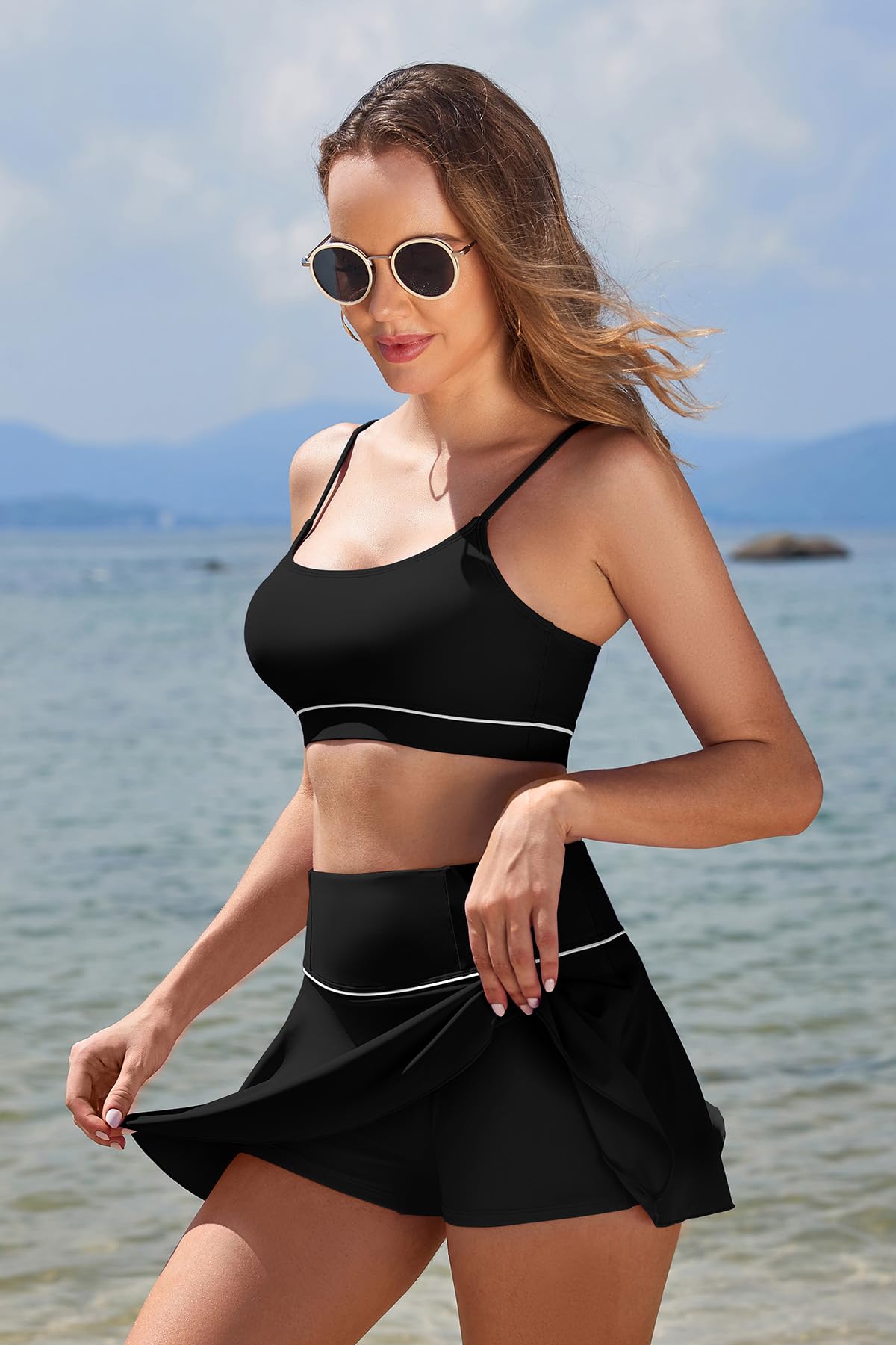 SHEKINI Conjunto de bikini con control de abdomen para mujer, cuello redondo, falda de natación de cintura alta