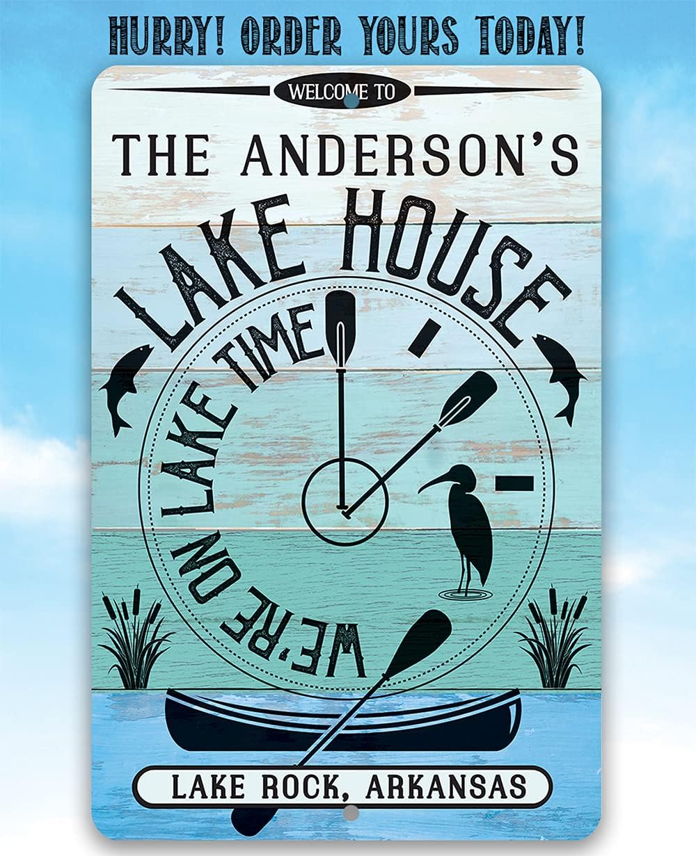 Personalized - We are on Lake Time - Durable Metal Sign - 8" x 12" or 12" x 18" Use Indoor/Outdoor - Makes a Perfect Lake House Personalized Decor and Housewarming Gift Under $25