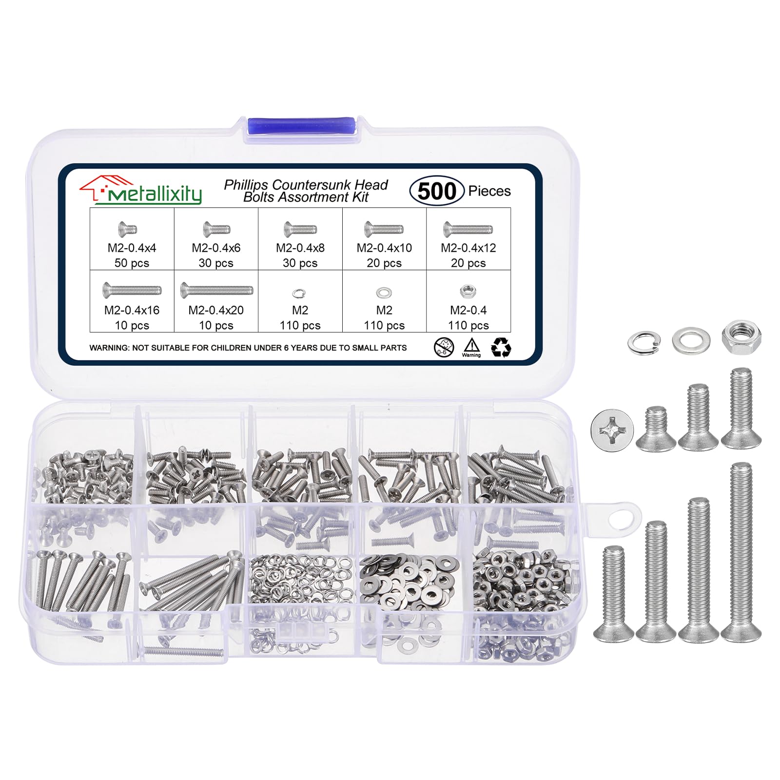 METALLIXITY M2-0.4 500Pcs Countersunk Machine Bolt W/Nut&Washer Set
