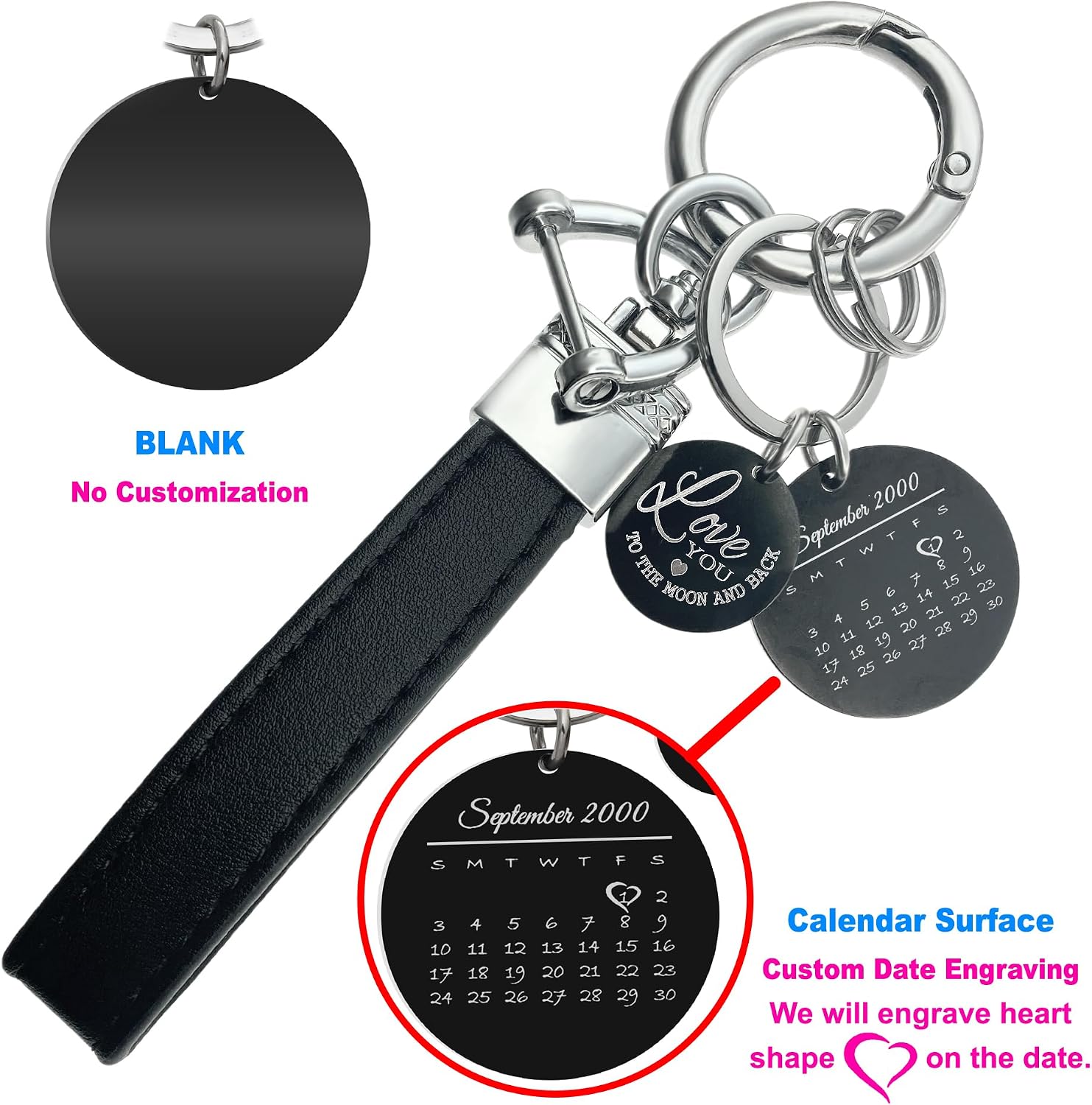 Qina C. Laser Engraved Photo Personalized Calendar Text Date Round Tag Pendant Leather Buckle Key Fob Holder Keychain image 2