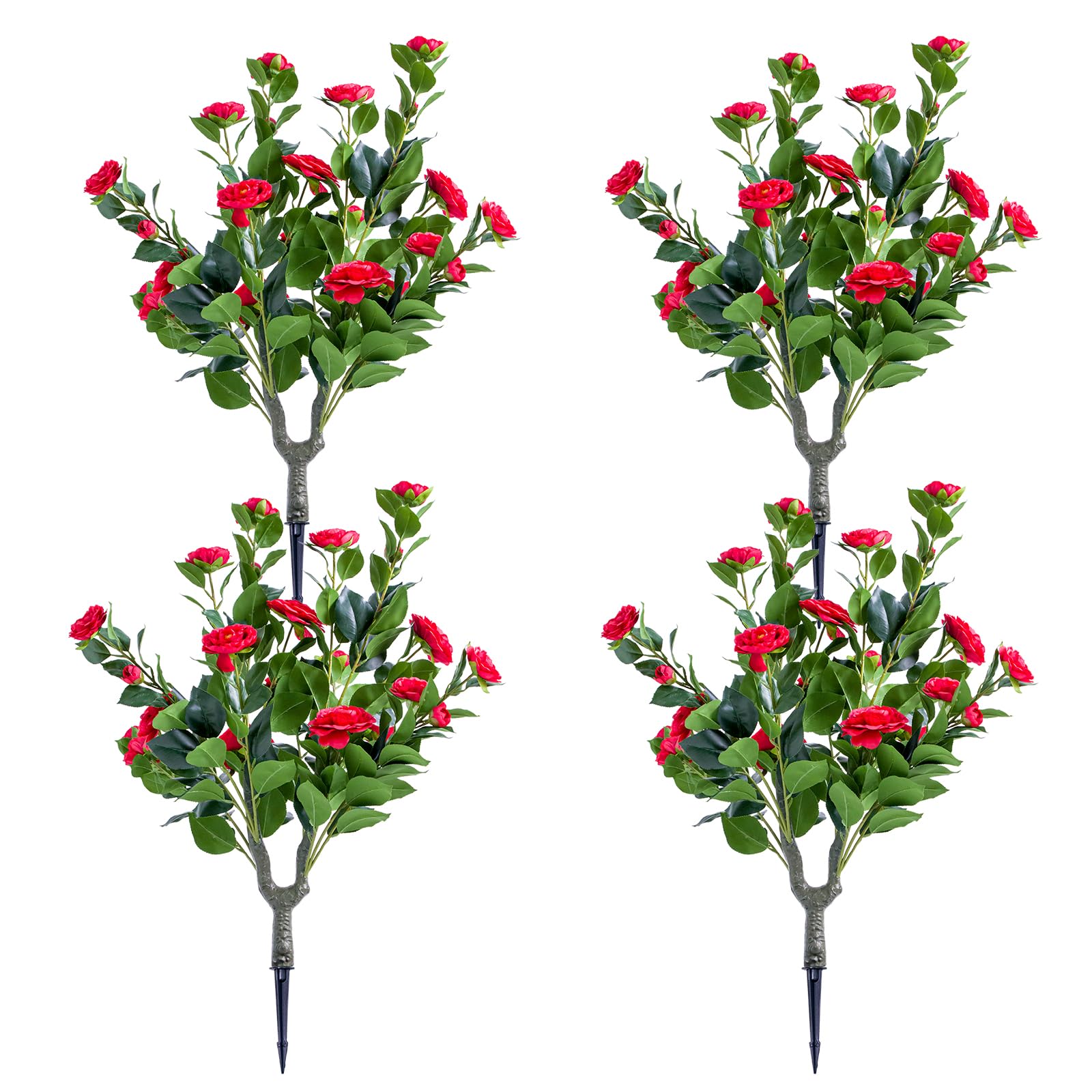 Koioplie Artificial Topiary Ball Trees Set of 4 – Red Camellia Flowers, 35.4" PE UV Resistant Decorative Shrubs with Metal Ground Spikes, Realistic Indoor Outdoor Garden Decor, 4 Red Flowers, 90x40cm