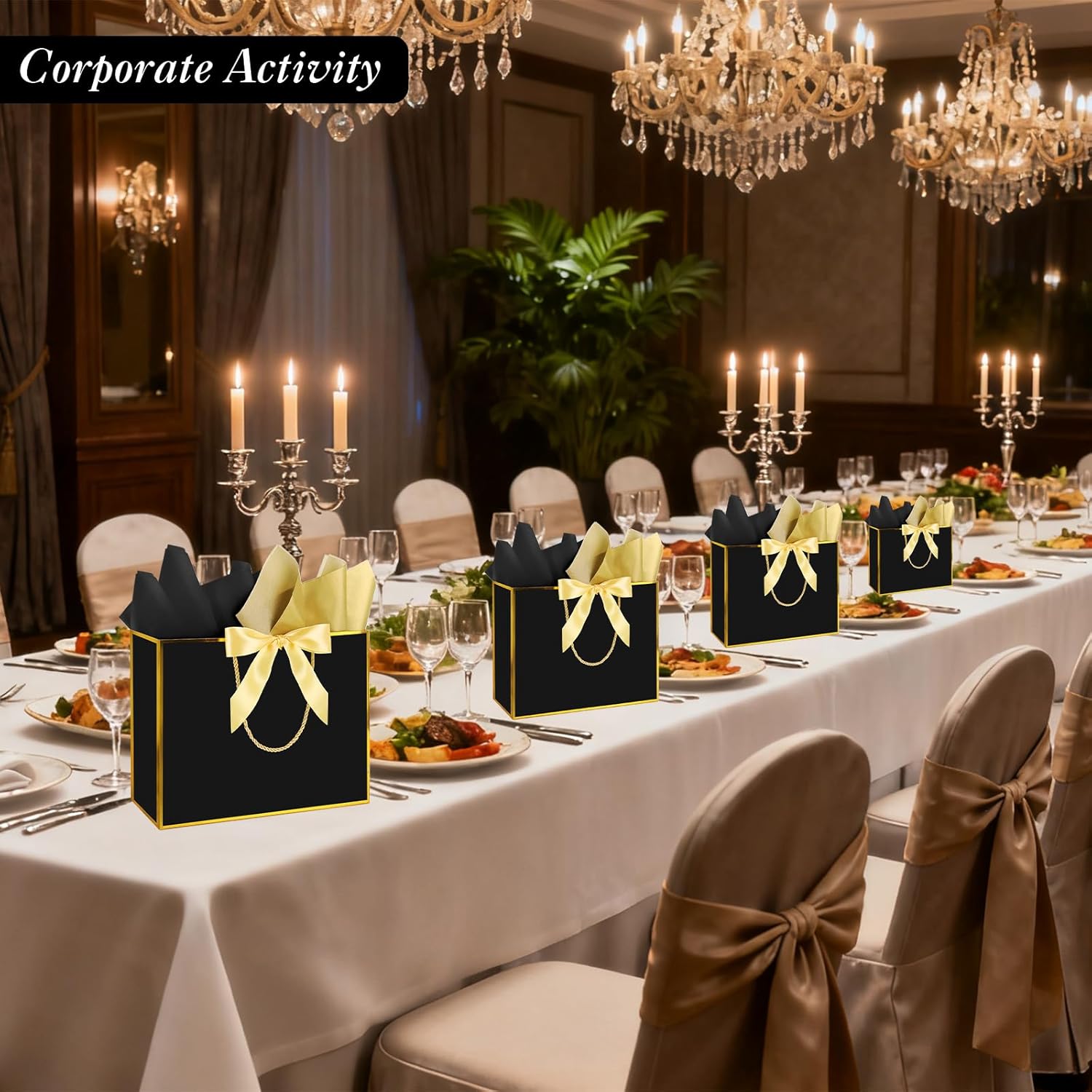 Addblu 12 Pack Large Black Gift Bags with Handles, 12.6x10x4'' Includes 36 Tissue Papers, Bow Ribbon & Cards for Wedding, Birthday, Bridesmaid, Groomsmen, Valentine's Day, Easter (Black and Gold, 12pcs) - Image 5