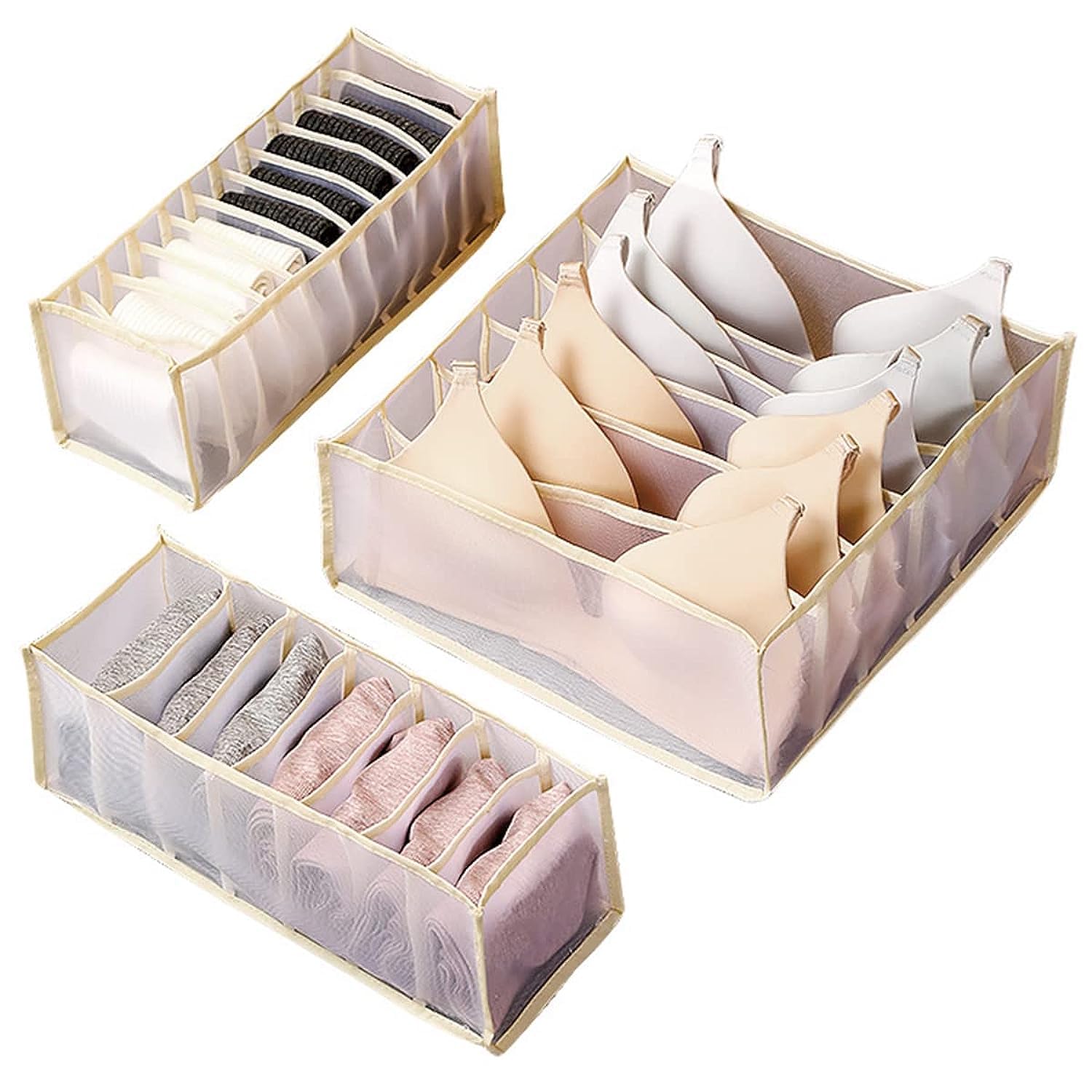3 Pcs Wardrobe Clothes Organizer, Mesh Clothes Storage Organizer for Jeans Pants Bra Underwear Socks, Foldable Drawer Organizers for Clothing