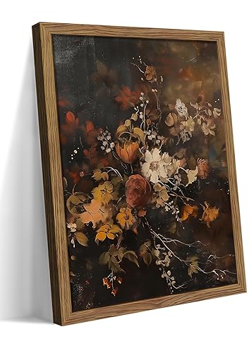 Wood Framed Vintage Floral Wall Art, Small Dark Moody Flower