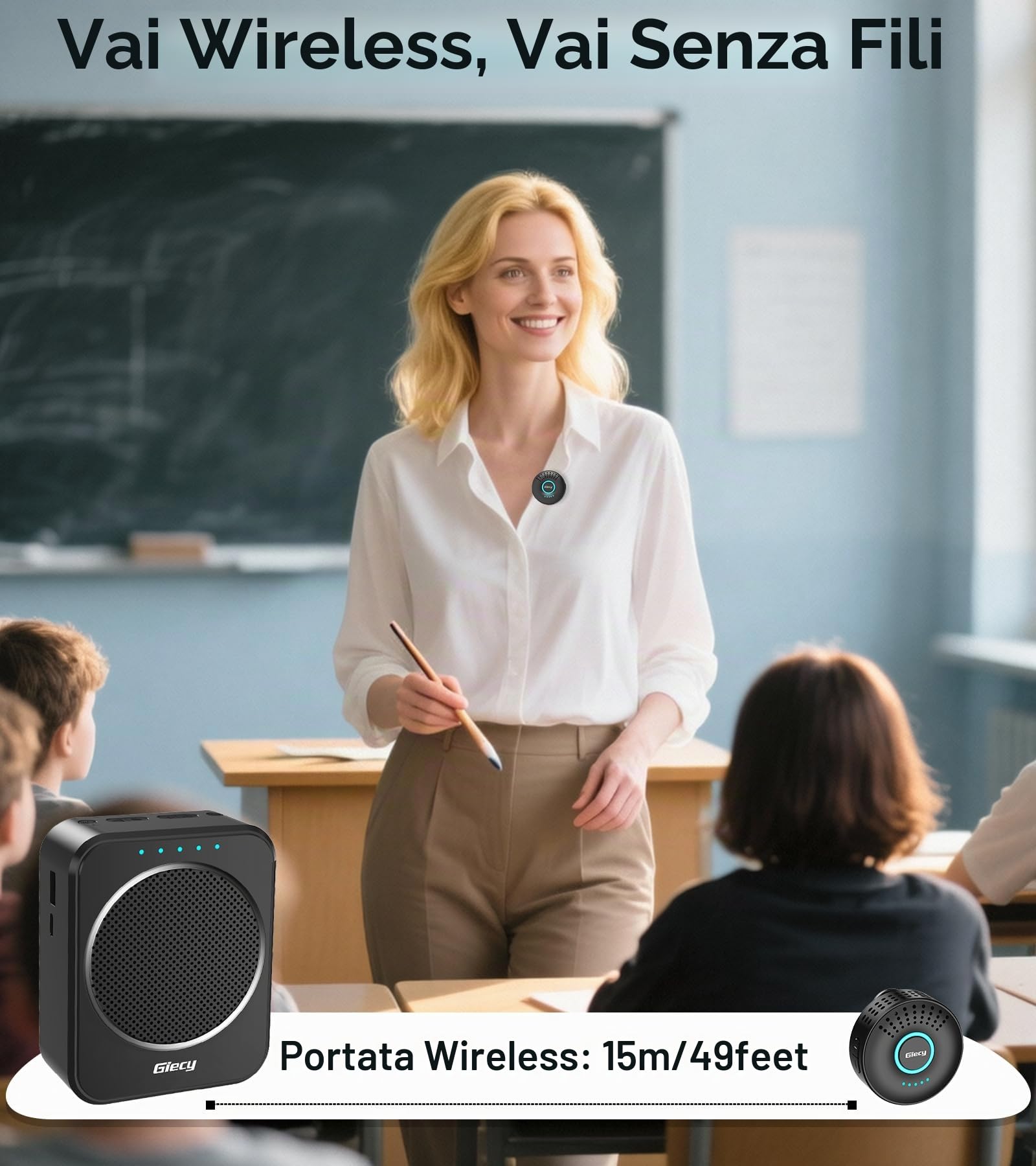 Amplificatore Vocale con Microfono Wireless Lavalier Portatile,DSP Anti-Rinnovo,Batteria Ricaricabile 2800mAh,Sistema PA senza fili per Insegnanti, Guide Turistiche, Presentazioni, Uso Esterno