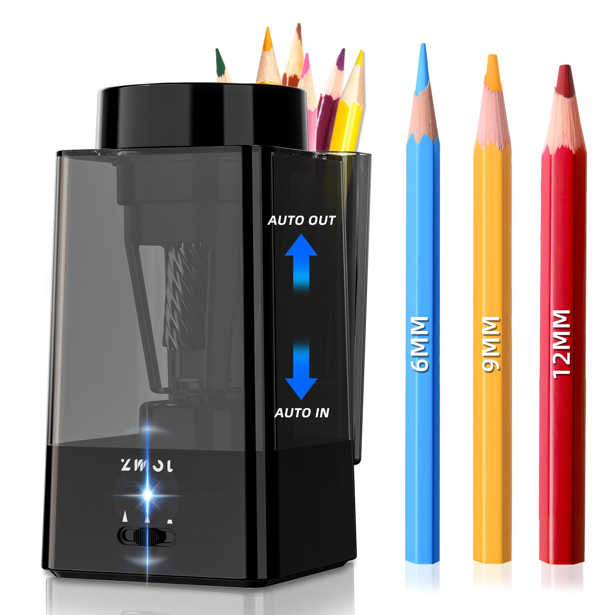 ZMOL Vollautomatischer Elektrischer Anspitzer für dicke und dünne Stifte, Handsfree & Auto-Stopp, USB-C Wiederaufladbar, Spitzer Elektrisch mit Behälter, für Kinder, 6–12mm, Schule/Büro/Haus