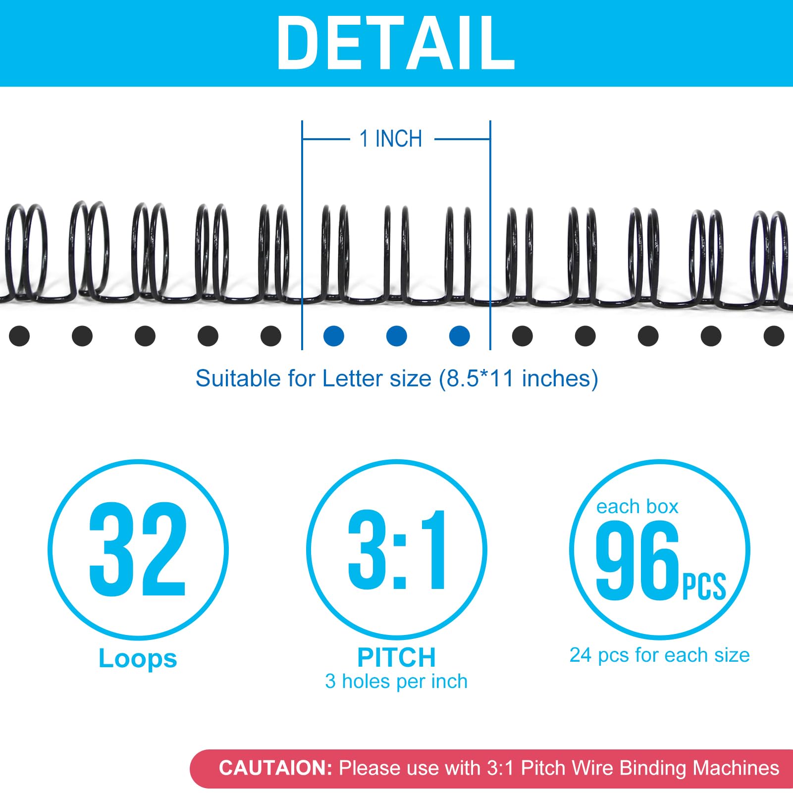 Rayson Lot de 96 reliures à double boucle, tailles mixtes (0,6 cm, 5/16", 3/8", 7/16"), pas 3:1 32 boucles, noir, lot de 96