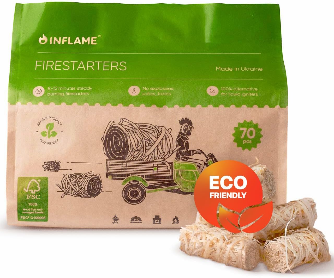 Inflame Fire Starters 70 pcs Fire Starters for Campfires, Grill, BBQ, Fireplace, Woodstove – Charcoal Starter – Waterproof, Weather-Resistant – Natural Wood Fireplace Starters