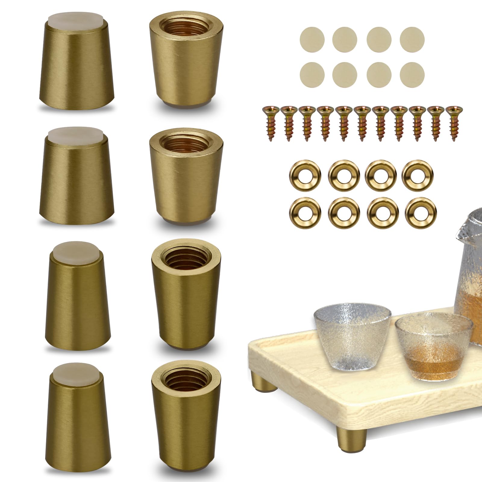 Chihutown 8PCS Brass Cutting Board Feet, 2 Sizes Cutting Board Legs with Non-Slip Adhesive Dots, Multipurpose Conical Jewelry Box Feet for Walnut Boards, Bathroom Trays and Wooden Plates (Brass, F)