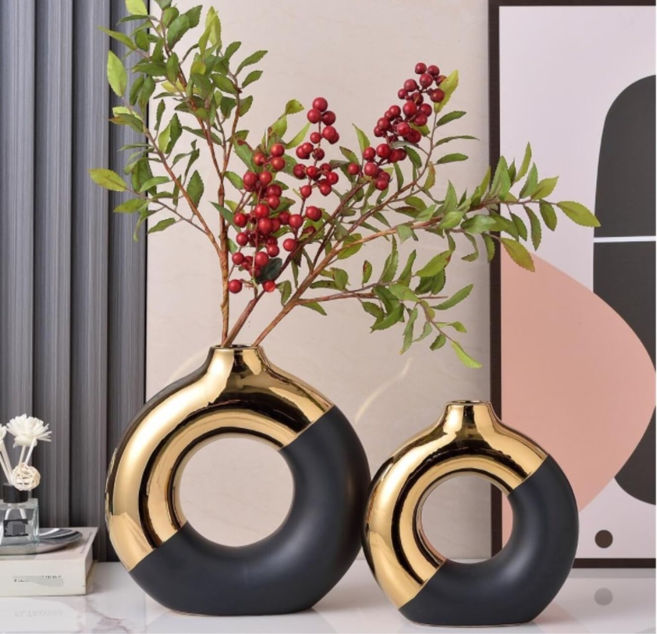 Wazon Dekoracyjny Ceramiczny Wazon Na Pączki Trawę Pampasową Nowoczesne Wazony Dekoracje Ślubne Do Salonu Dekoracja Domu(Black,20.5 * 20.5 * 7.5cm)