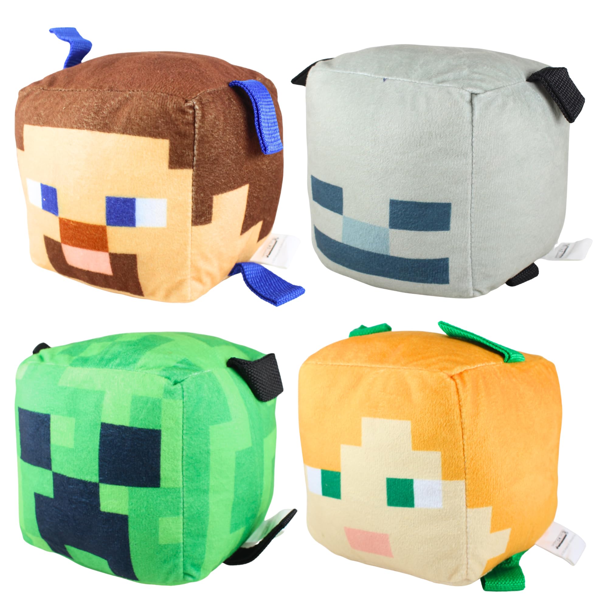 Minecraft 6" 15cm Cubed Soft Pet & Dog Toys With Rope Tags - Set of All 4 - Steve, Creeper, Skeleton & Alex