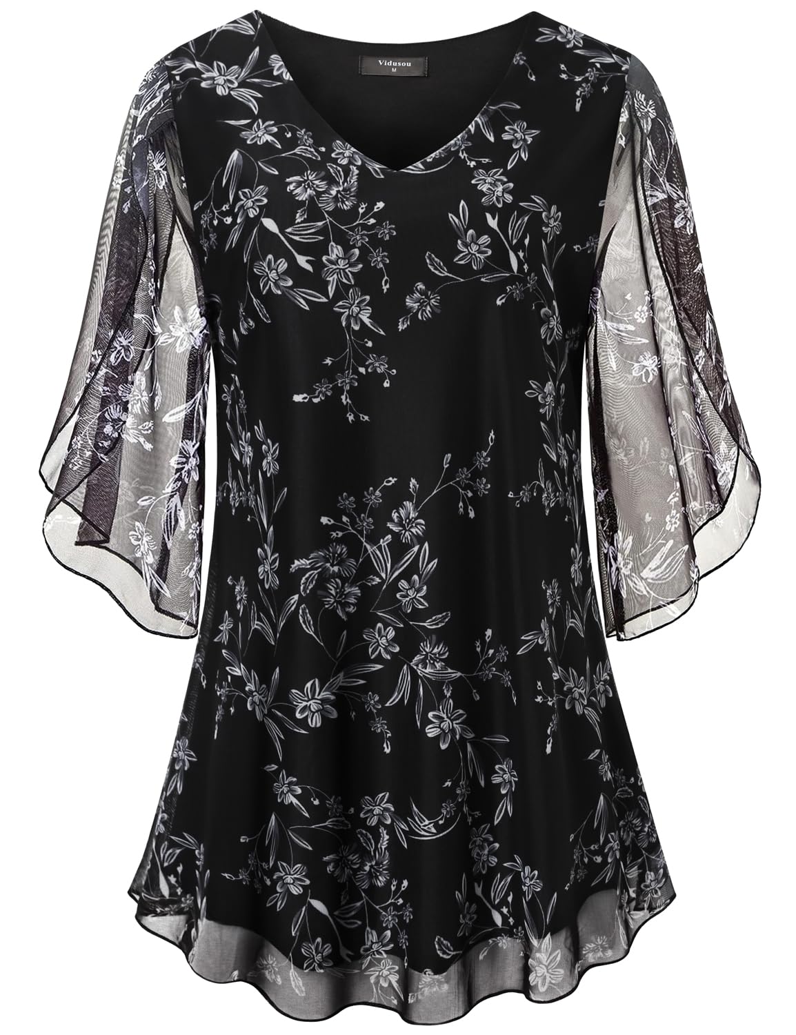 Photo 1 of Vidusou Womens Ruffle 3/4 Sleeve Tunic Tops Flowy Mesh Blouse Casual Shirts Medium Black Floral