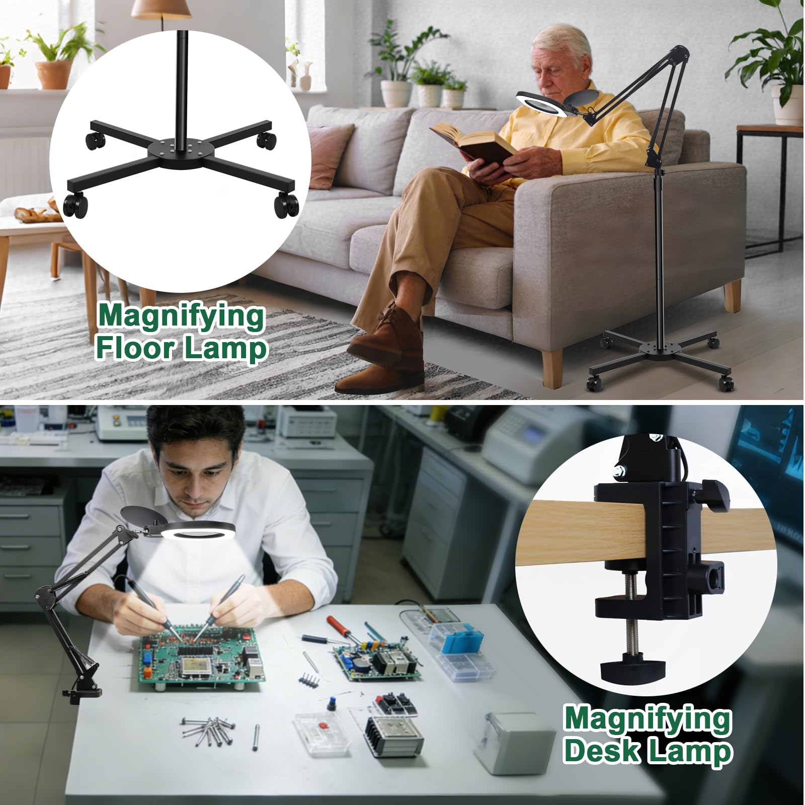 CGBE 10X Lupa con Luz, 2 en 1 Base/Pinza, Manos Libres, para Trabajos Finos | Lámpara Lupa con Brazo Giratorio Ajustable, 80 Perlas LED, Cubierta Antipolvo, para Lectura Reparación Manualidades