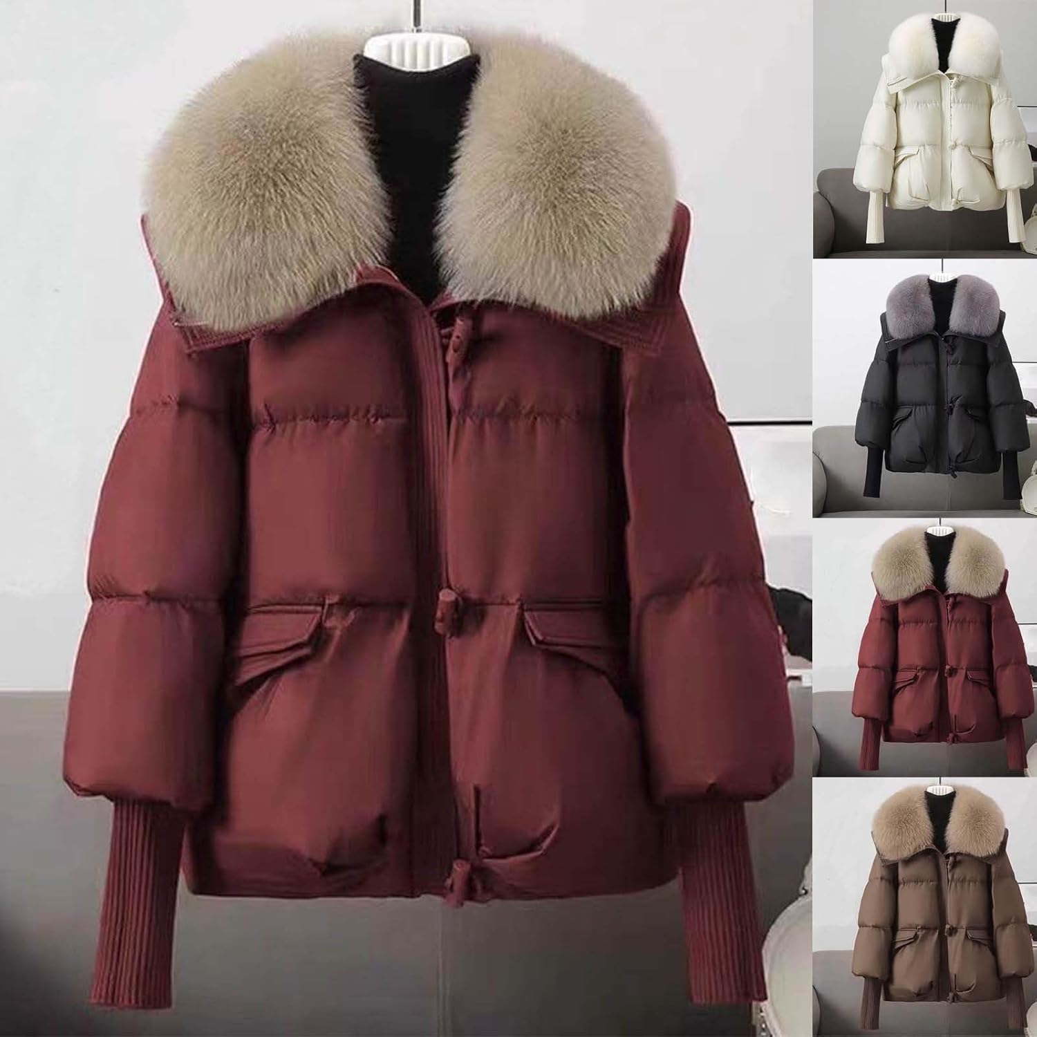 HGps8w Women's Thickened Puffer Jackets Quilted Winter Coats Padded Down Outerwear with Detachable Fur Collar