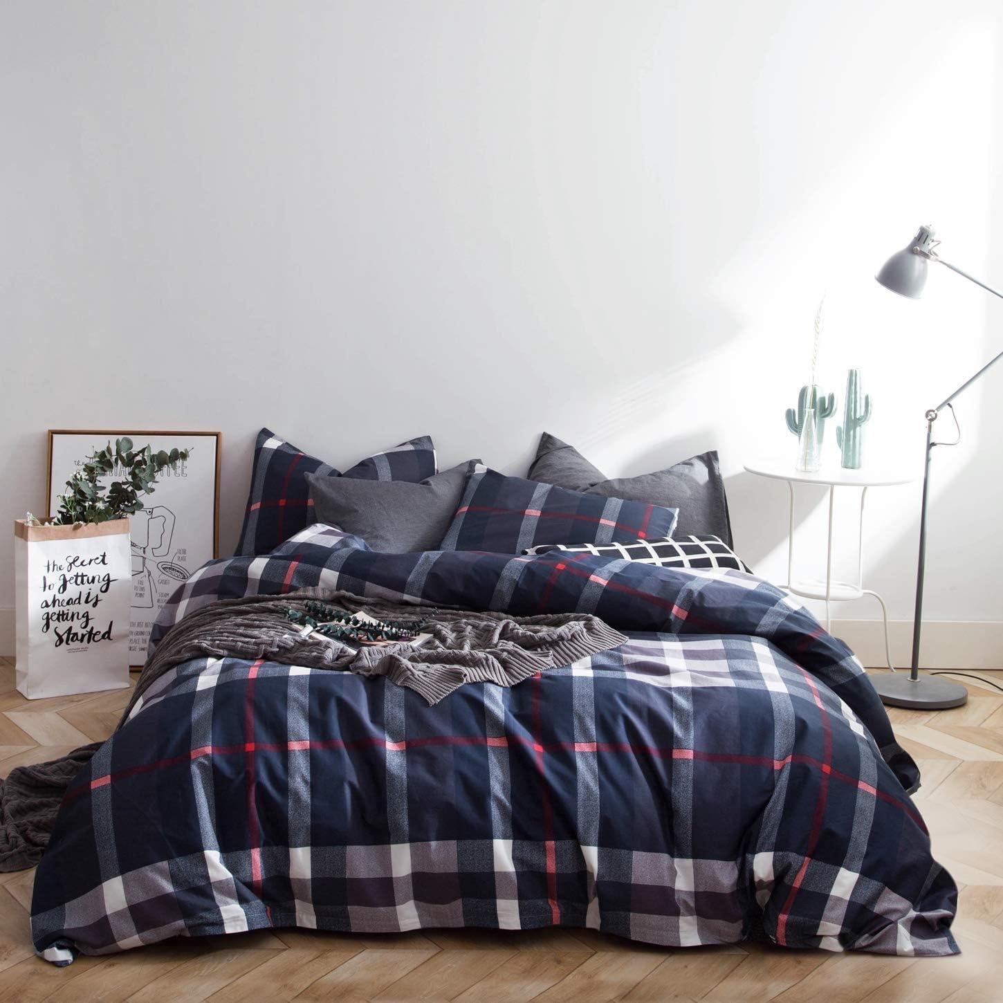 Wellboo Navy Blue Plaid Comforters King Blue Geometric Tartan Bedding Comforters Cotton Women Men Preppy Buffalo Check Warm Quilts Vintage Blue Grid Blankets Farmhouse Down Alternative Comforters