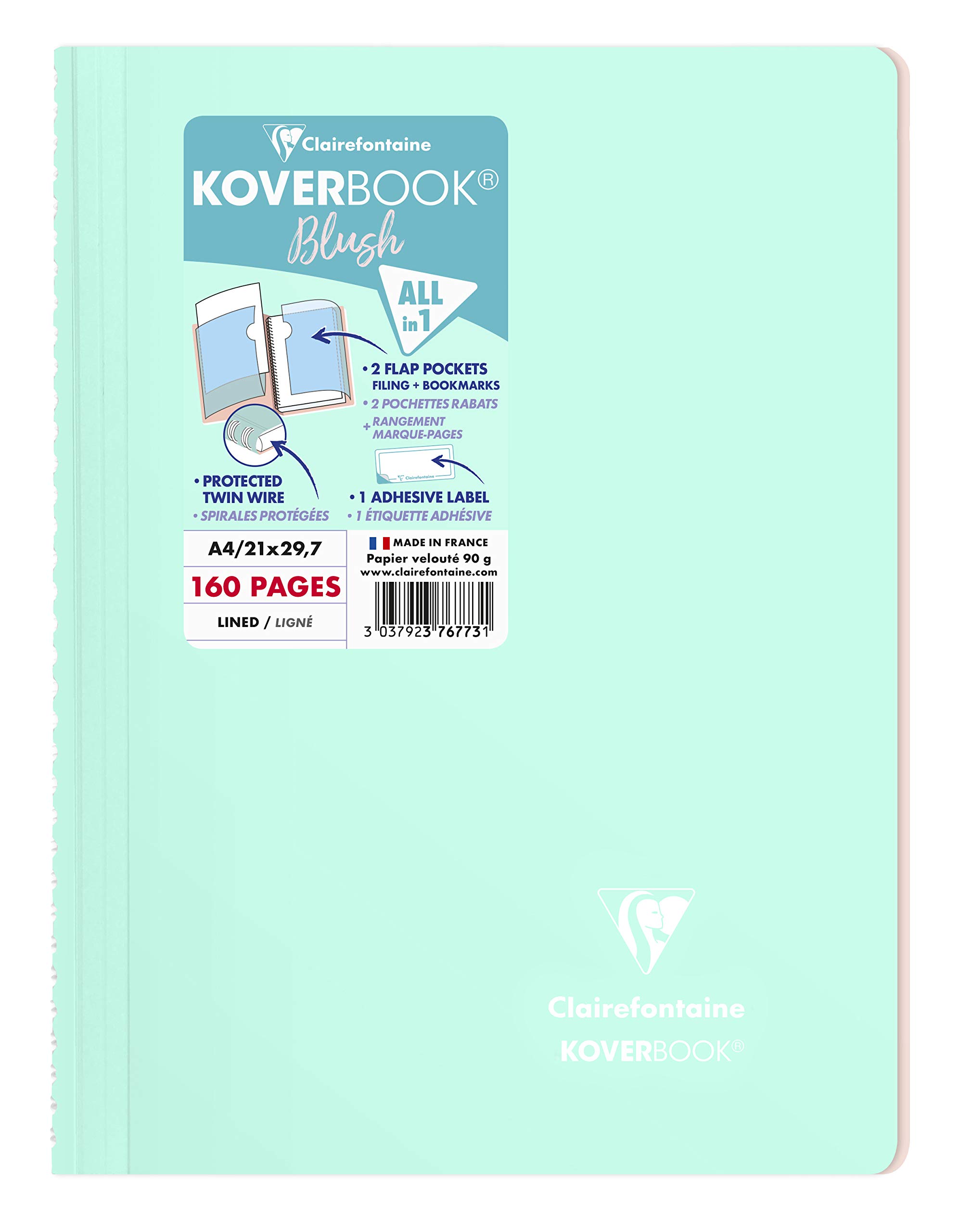 Clairefontaine 376773C - One Spiral Notebook Koverbook Blush Water Mint - A4 21x29,7 cm - 160 Lined Pages - White Paper 90 g - Polypro Wraparound Cover