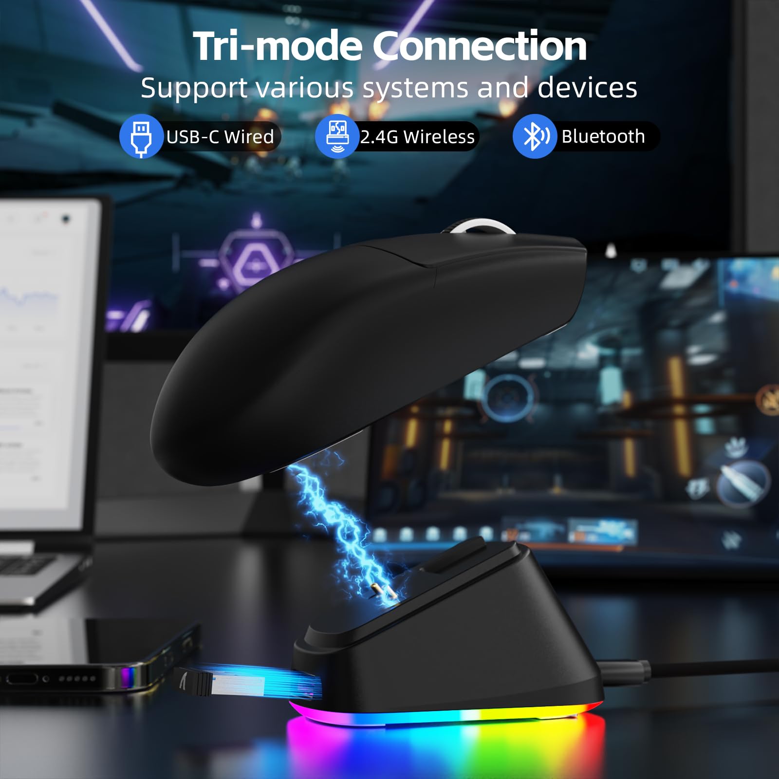 ATTACK SHARK G3PRO Mysz Gamingowa Bezprzewodowa z Magnetyczną Stacją ładującą, Czujnik PixArt PAW3311, do 25000DPI, Bluetooth/2,4GHz/Przewodowa, 500mAh, 59g SUPERLIGHT Myszy do PC/Xbox/PS/Mac - Czarny