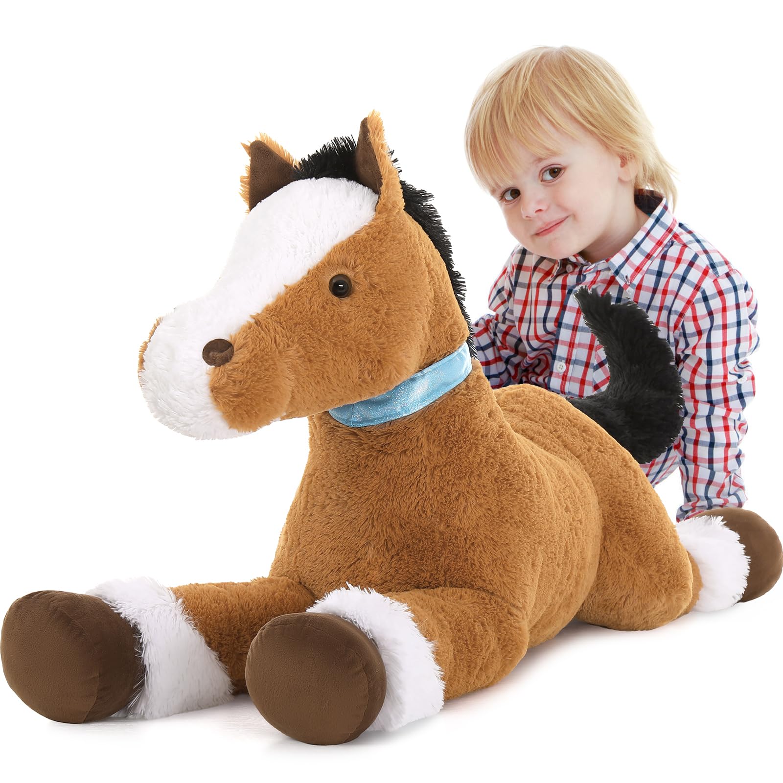 KERTA 35 Inches Realistic Horse Stuffed Animal, 3ft Large Stuffed Pony Plush Farm Toy, Hugging Soft Darkbrown Horse Plush Pillow Gift for Boys Girls Birthday Decor