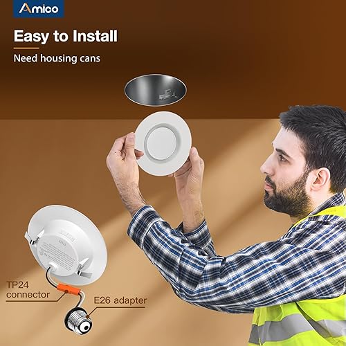 Miniatura 4 de Amico Paquete de 12 luces LED empotrables 5CCT de 4 pulgadas con luz nocturna, 8 W  60 W, 700 lm luces de lata con borde deflector, regulable,