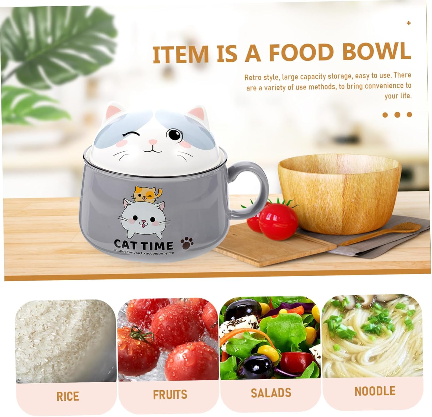 Decorative Ceramic Cat Bowl Instant Noodle Bowl with Handle Easy to and Store for Soups Grains Pasta and Rice Stylish Kitchen Storage