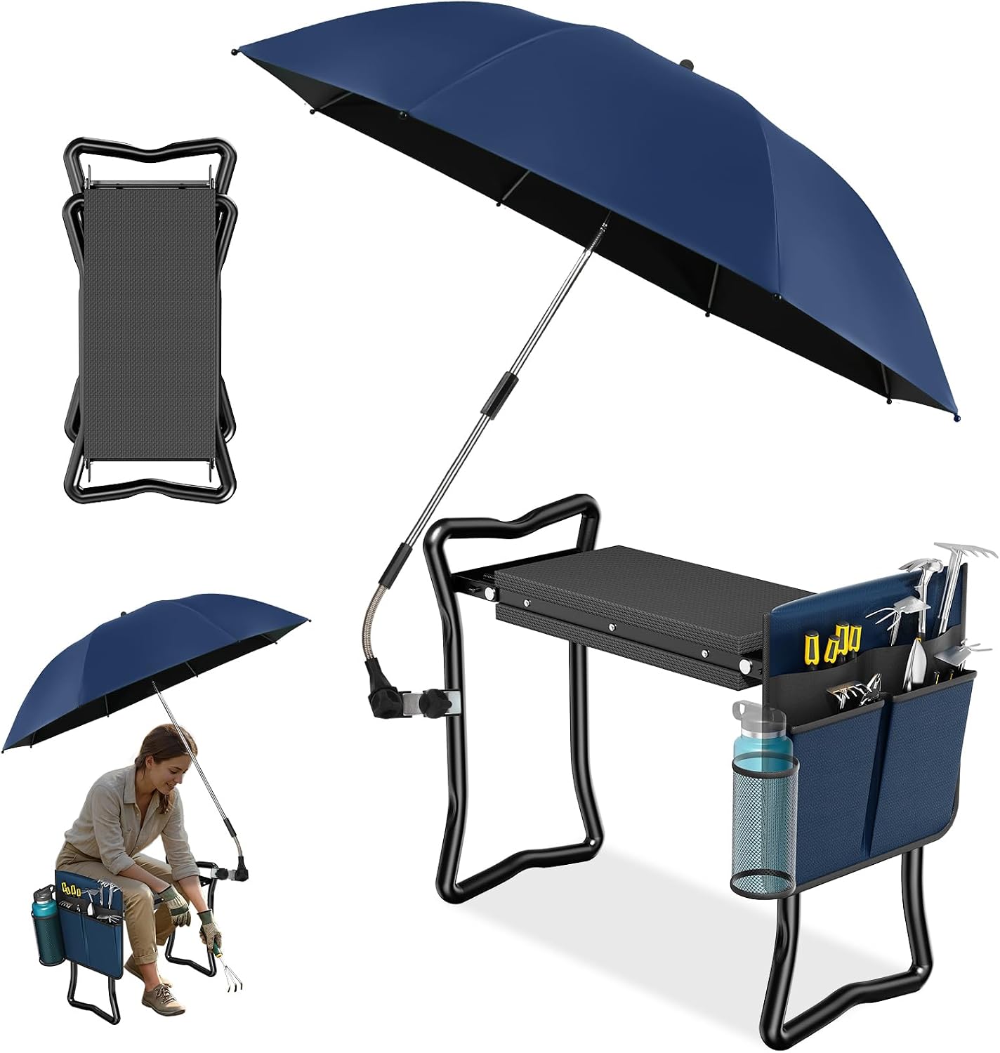 2-in-1 Garden Kneeler with Umbrella, Garden Kneeling Bench & Umbrella, Portable Garden Stool Loads Capacity 330lb and Garden Tools Bag with bottle holder, Gardening Gifts for Women,Men (Black Blue)
