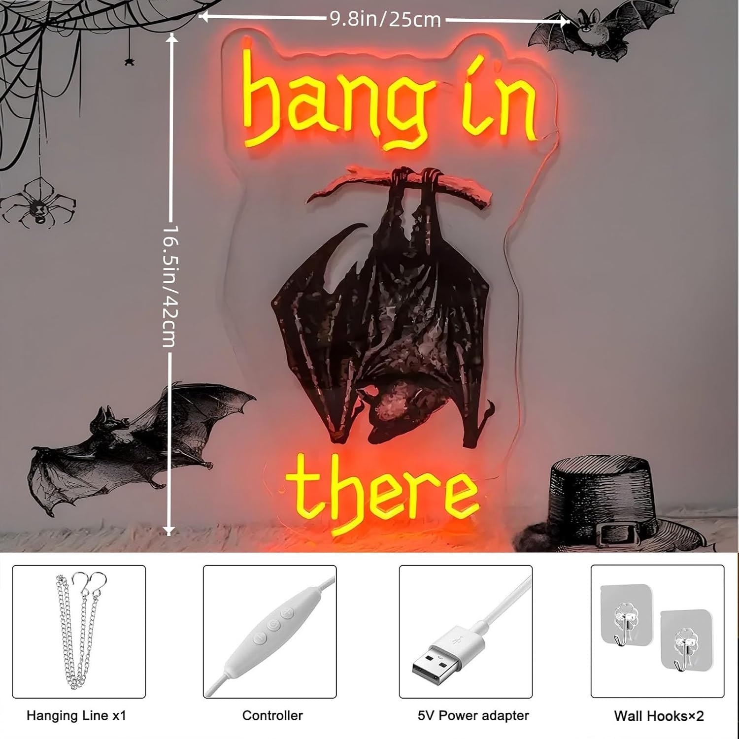 Bat Hang In There Neon Sign, Goth Lover Gift, Gothic LED Neon Light Decor, Vintage Font Decor, Dark Art Light Sign, 16.5"x9.8"