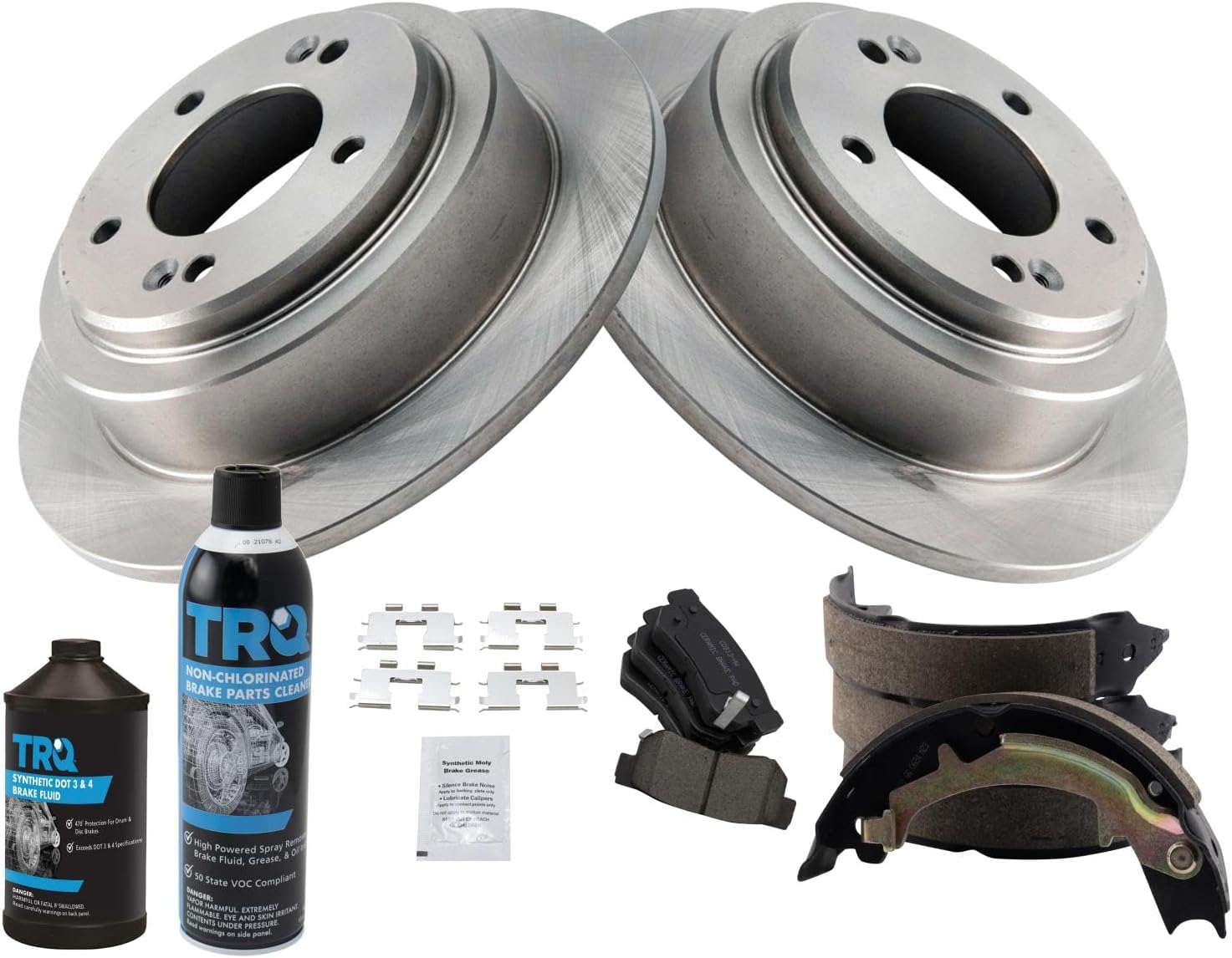 TRQ Rear Brake Pad & Rotor Kit Brake Chemical Kit Brake Pads Brake Rotor Parking Brake Shoe Set Ceramic Compatible with 2004-2006 Kia Amanti