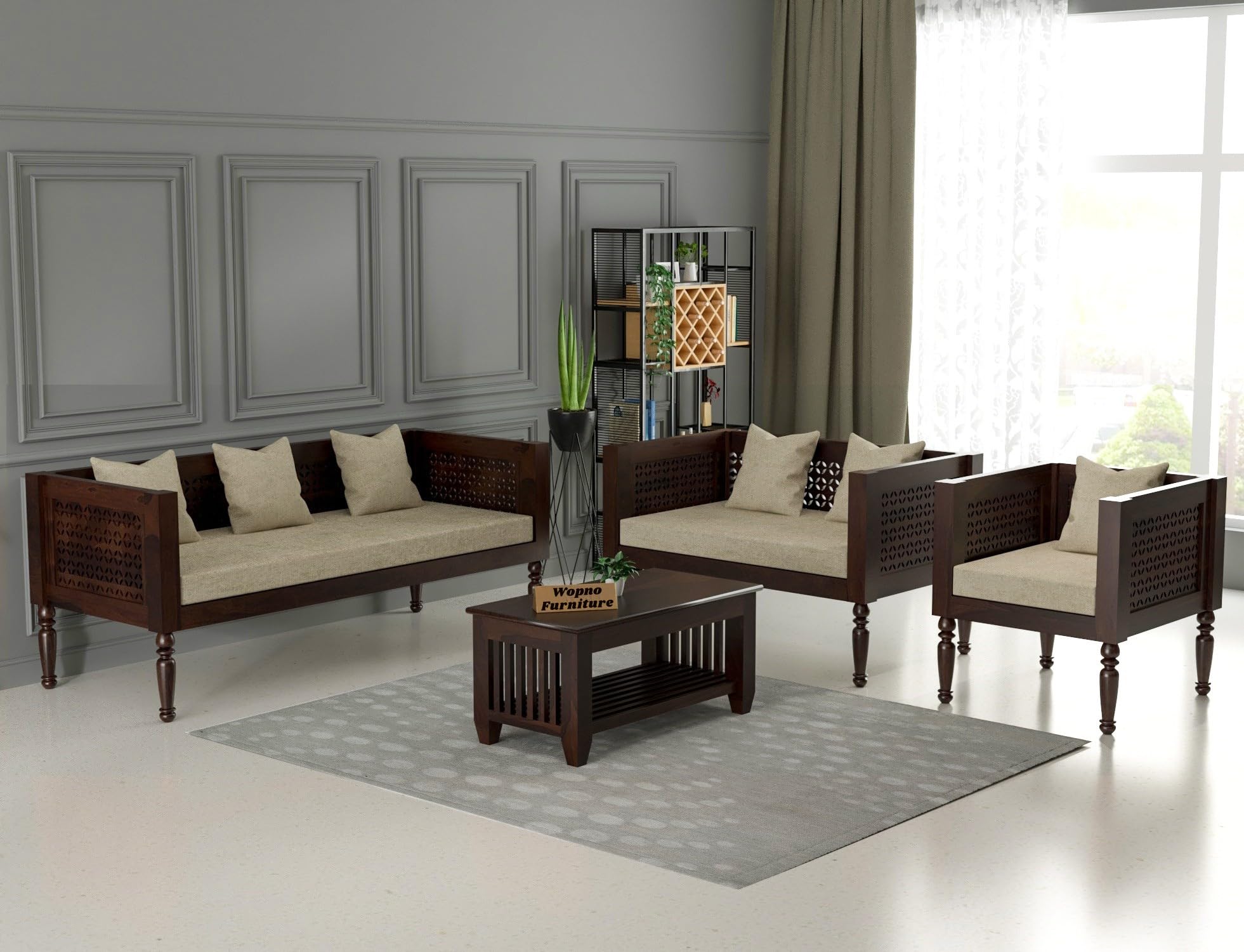 Wopno Furniture Sheesham Wooden 6 Seater Sofa Set for Living Room | Rosewood Cushion Sofa | Solid Wood Sofa Set Without Small Pillow for Lounge (Walnut, 6 Seater)