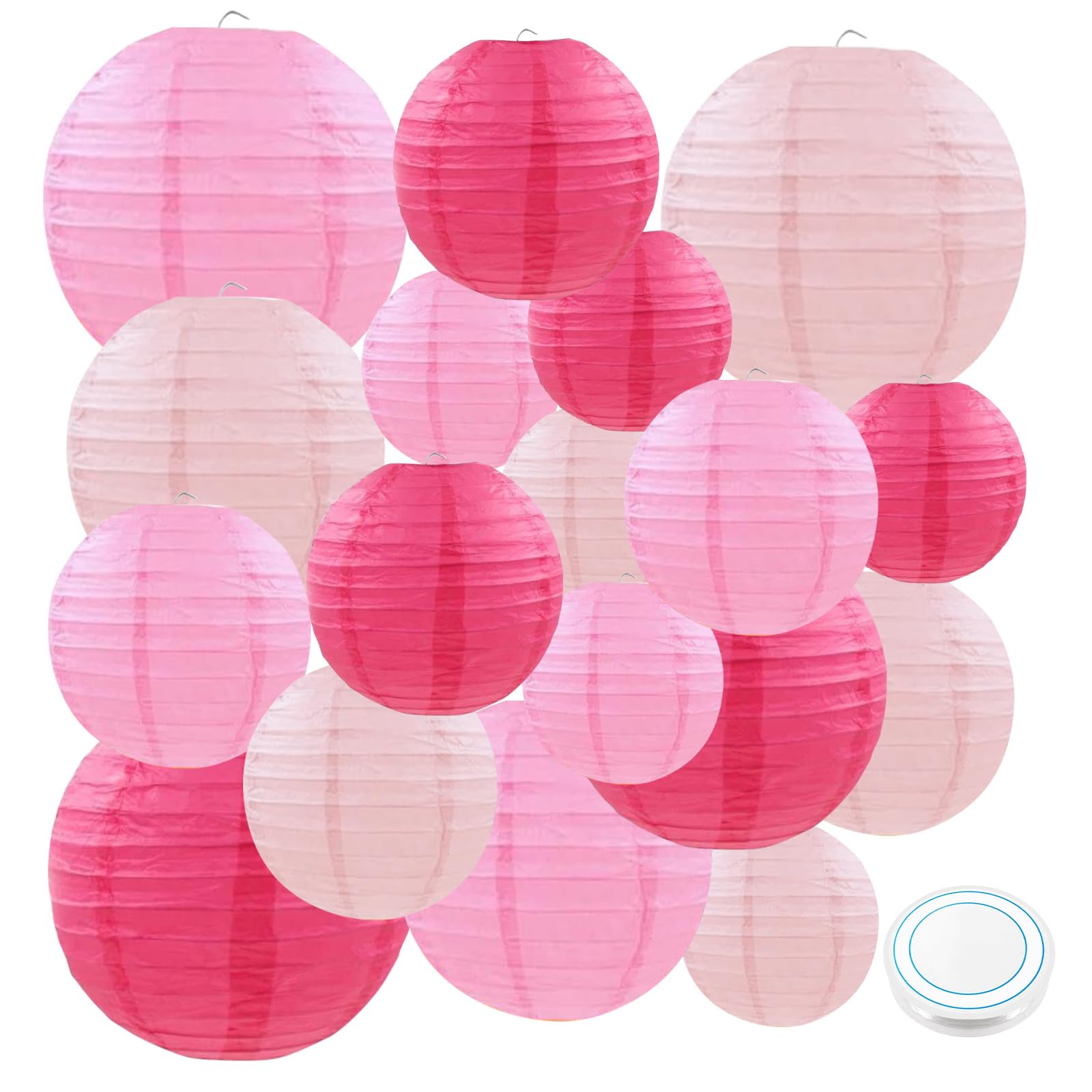 18 lanterne di carta rosa, rotonde decorative con filo da pesca, lanterne di carta da appendere per feste di compleanno, decorazioni in giardino, decorazioni per matrimoni da sposa