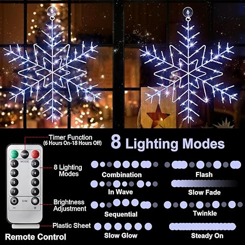 Miniatura 3 de Luces de ventana de copo de nieve de Navidad, 12 pulgadas, 72 LED, 8 modos de iluminación, luces de copo de nieve blancas frías con temporizador de