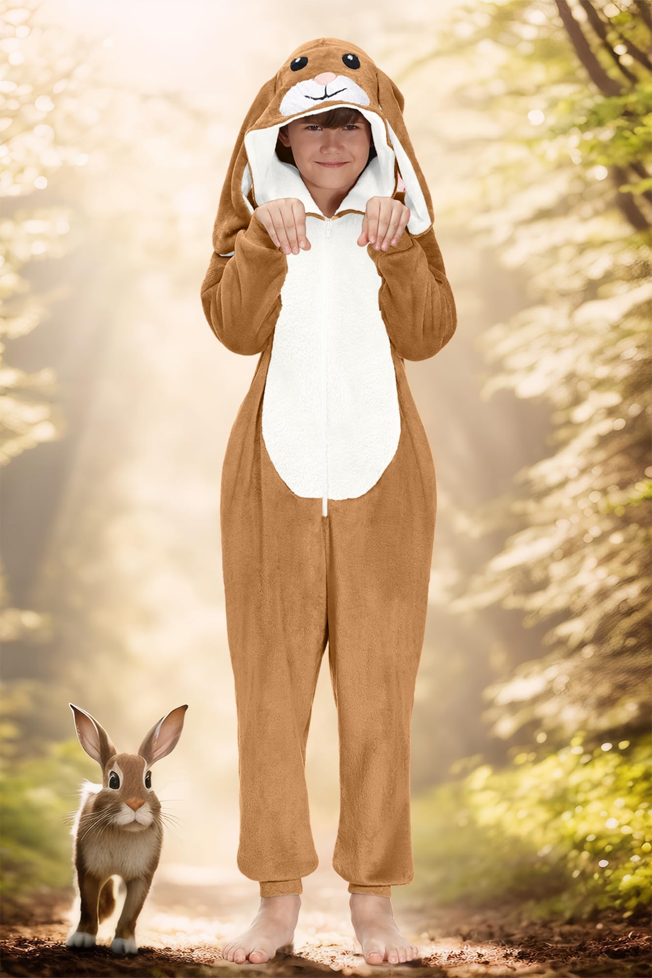 BesserBay Tuta intera unisex per bambini, con cappuccio, per Halloween, coniglietto peloso, 4-14 anni, Marrone | Tuta Coniglio, 8 anni