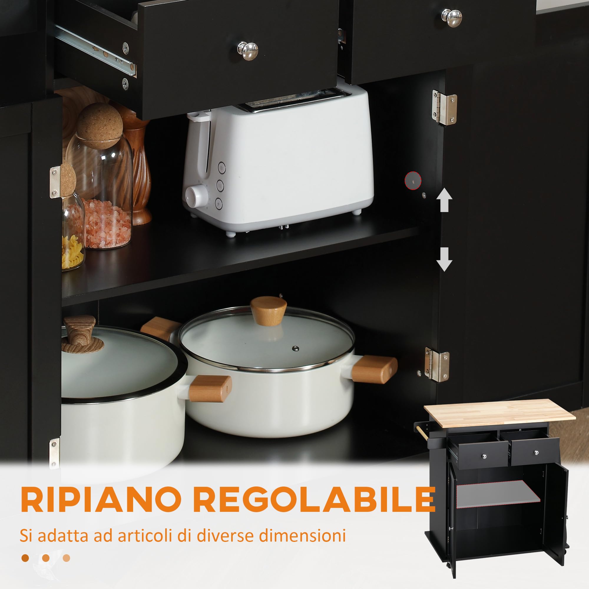 HOMCOM Carrello da Cucina con Armadietto, 2 Cassetti e Portaspezie a 3 Ripiani, Isola da Cucina Portavivande con Scaffale Regolabile, Porta Asciugamani e 4 Ruote con 2 Freni, 89x45x89.5 cm, Nero
