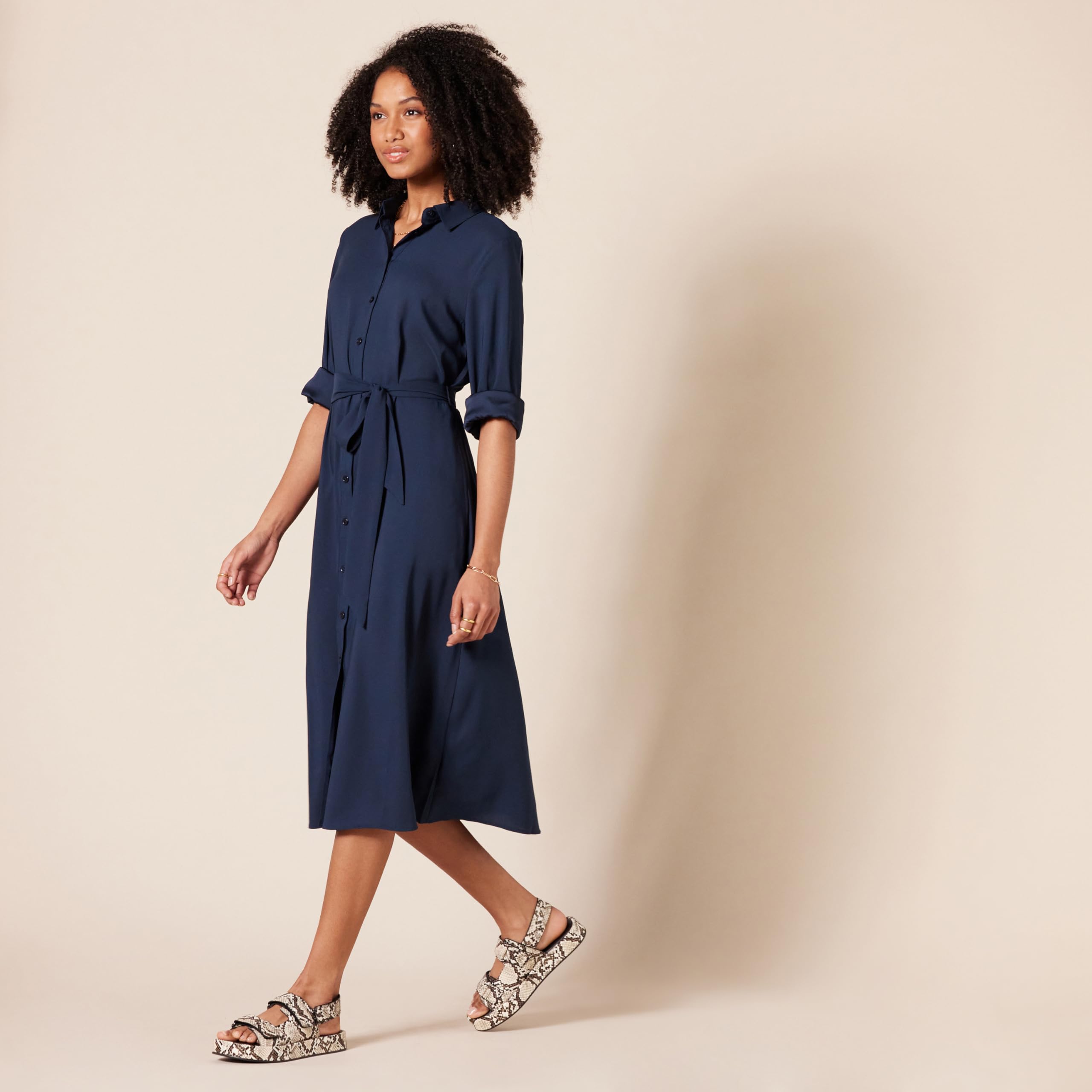 Amazon Essentials Vestido Camisero Midi de Manga Larga de Georgette Mujer
